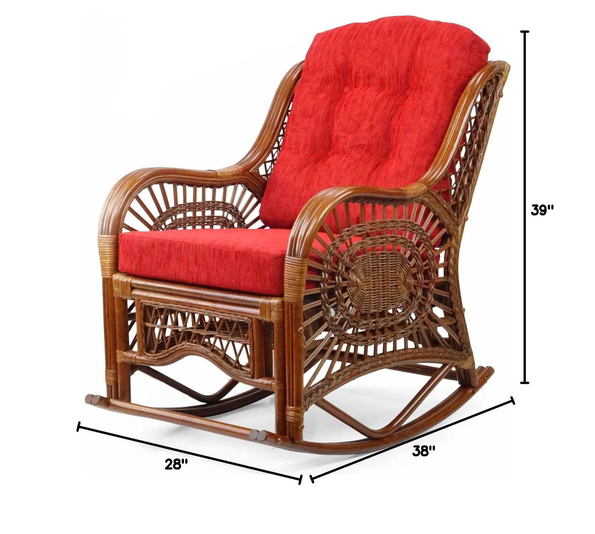 Malibu Rocking Handmade Lounge Chair - Eco-Friendly Natural Wicker Rattan with Red Cushion - Indoor Use Only - Perfect for Living Room, Sunroom or Patio Relaxation