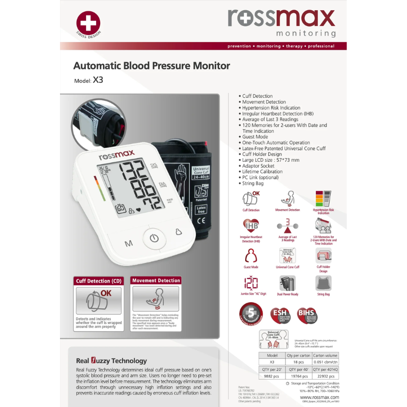 Rossmax X3 Automatic Blood Pressure Monitor - Upper Arm Cuff, Digital BP Machine for Home Use, Accurate Readings with Memory Function - Ideal for Seniors & Health Monitoring
