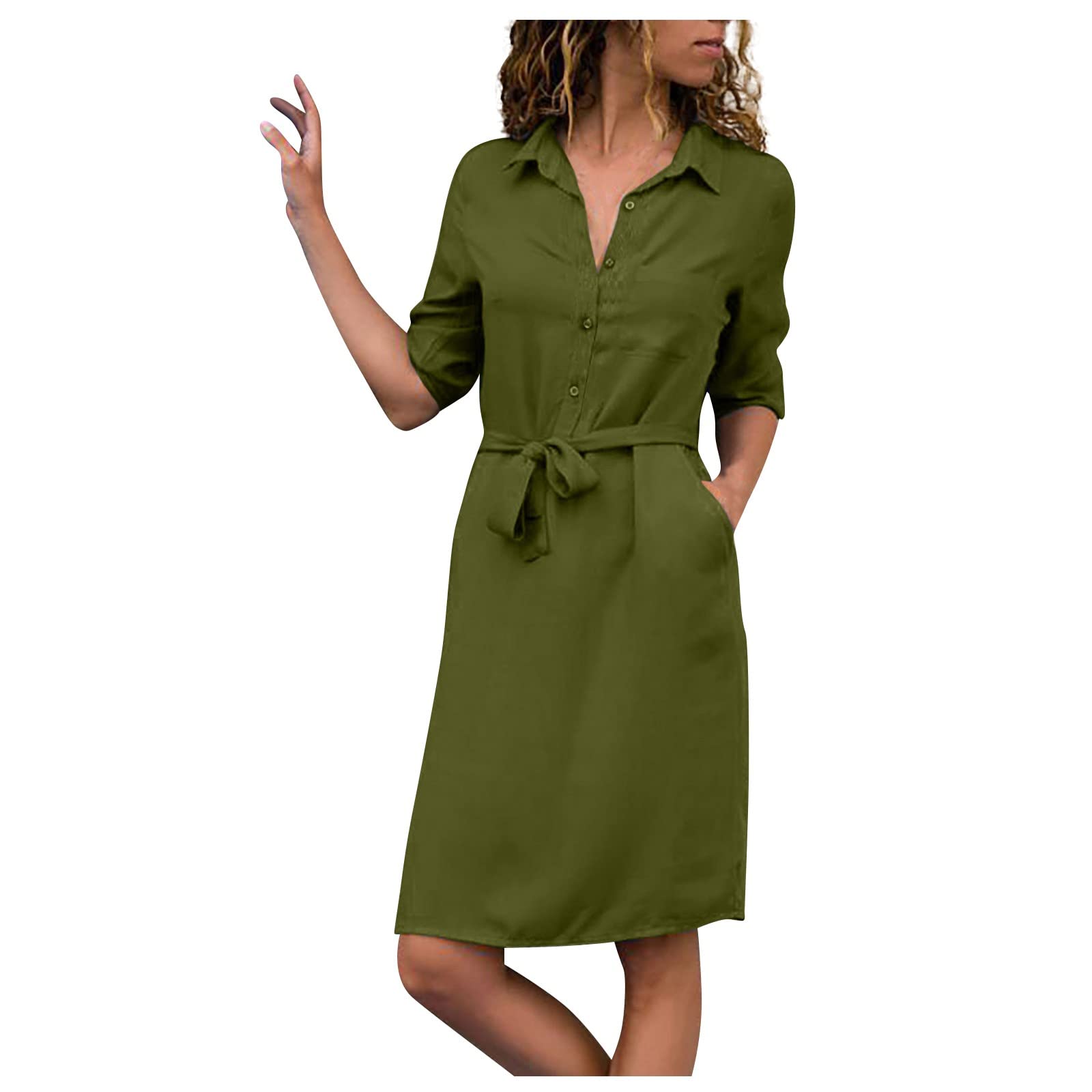 Loyalty Women's 3/4 Sleeve Button Down V-Neck Shirt Dress with Lapel Collar & Pockets - Solid Color Midi Length Office & Casual Wear for Spring Summer