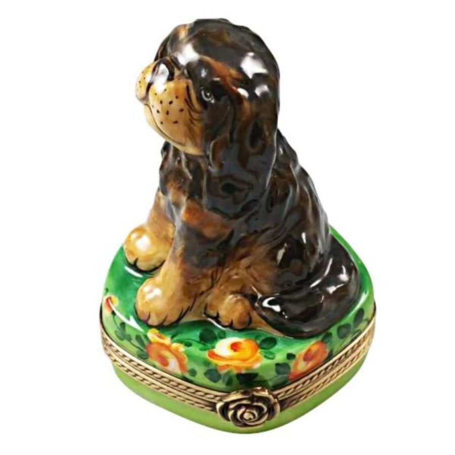 Black & Tan King Charles Spaniel Limoges Porcelain Figurine - Hand-Painted Collectible Dog Statue for Home Decor & Gift Giving