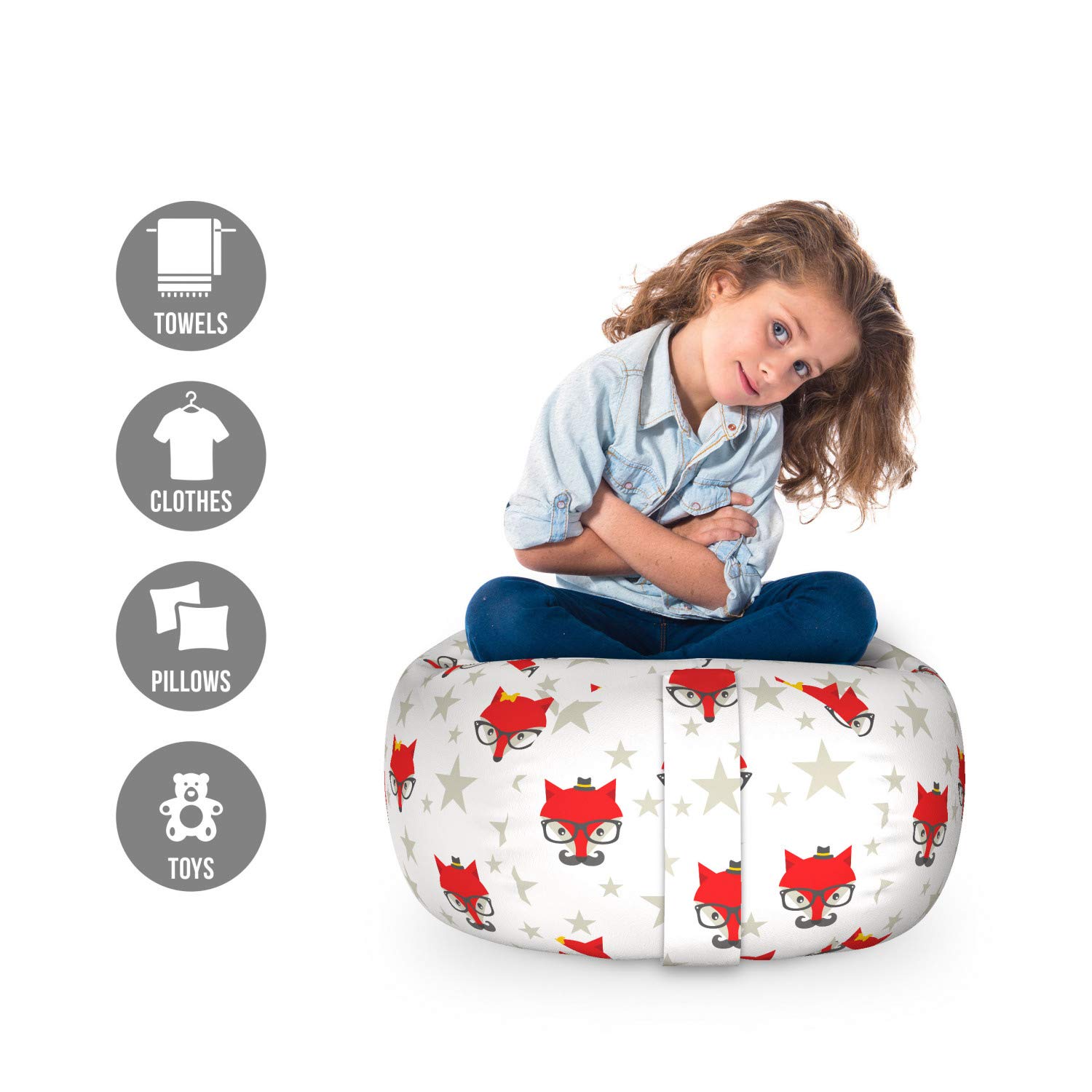 Ambesonne Cartoon Toy Storage Bag Chair - Hipster Foxes with Hats & Glasses on Stars Pattern, Funny Animal Stuffed Toy Organizer, Washable Small Size (Coconut Scarlet & Grey) - Perfect for Kids' Room, Playroom & Nursery Organization