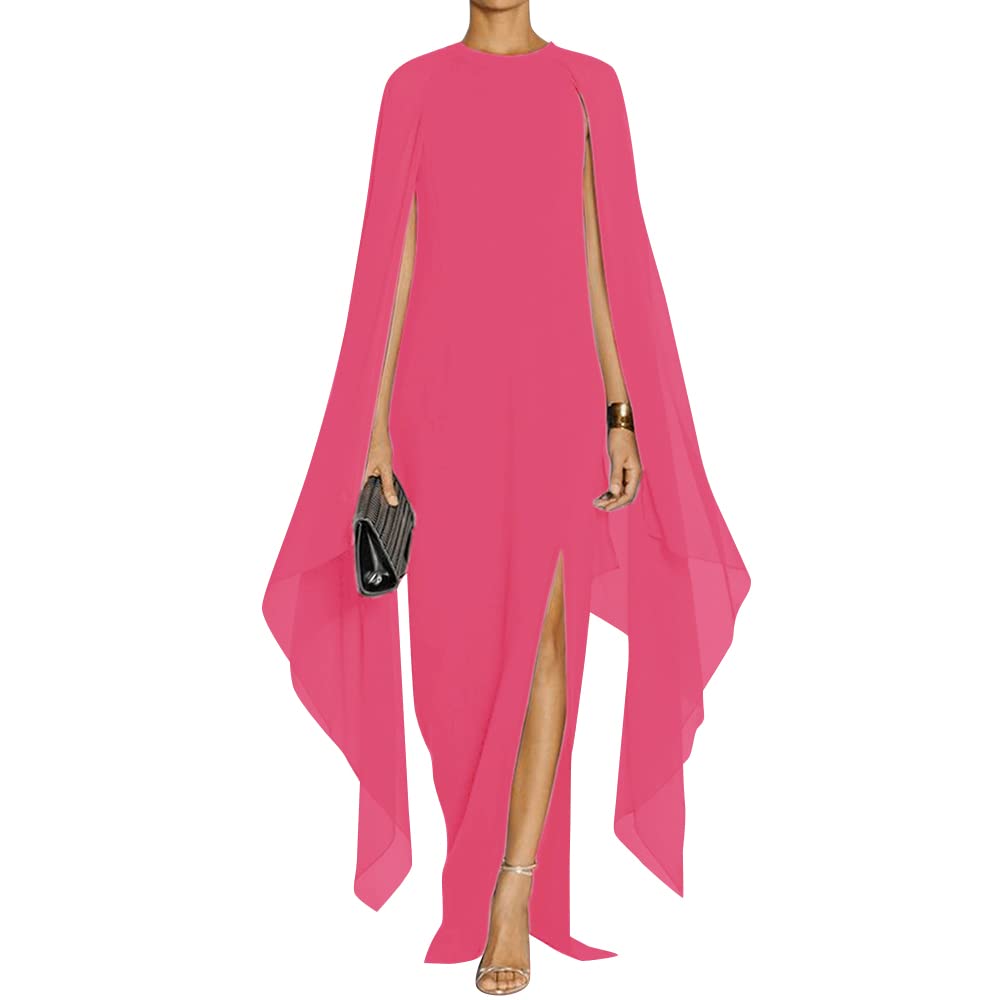 MAYFASEY Women's Elegant High Slit Flare Sleeve Formal Evening Gown Maxi Dress with Cape - Perfect for Weddings, Prom, Gala & Black Tie Events