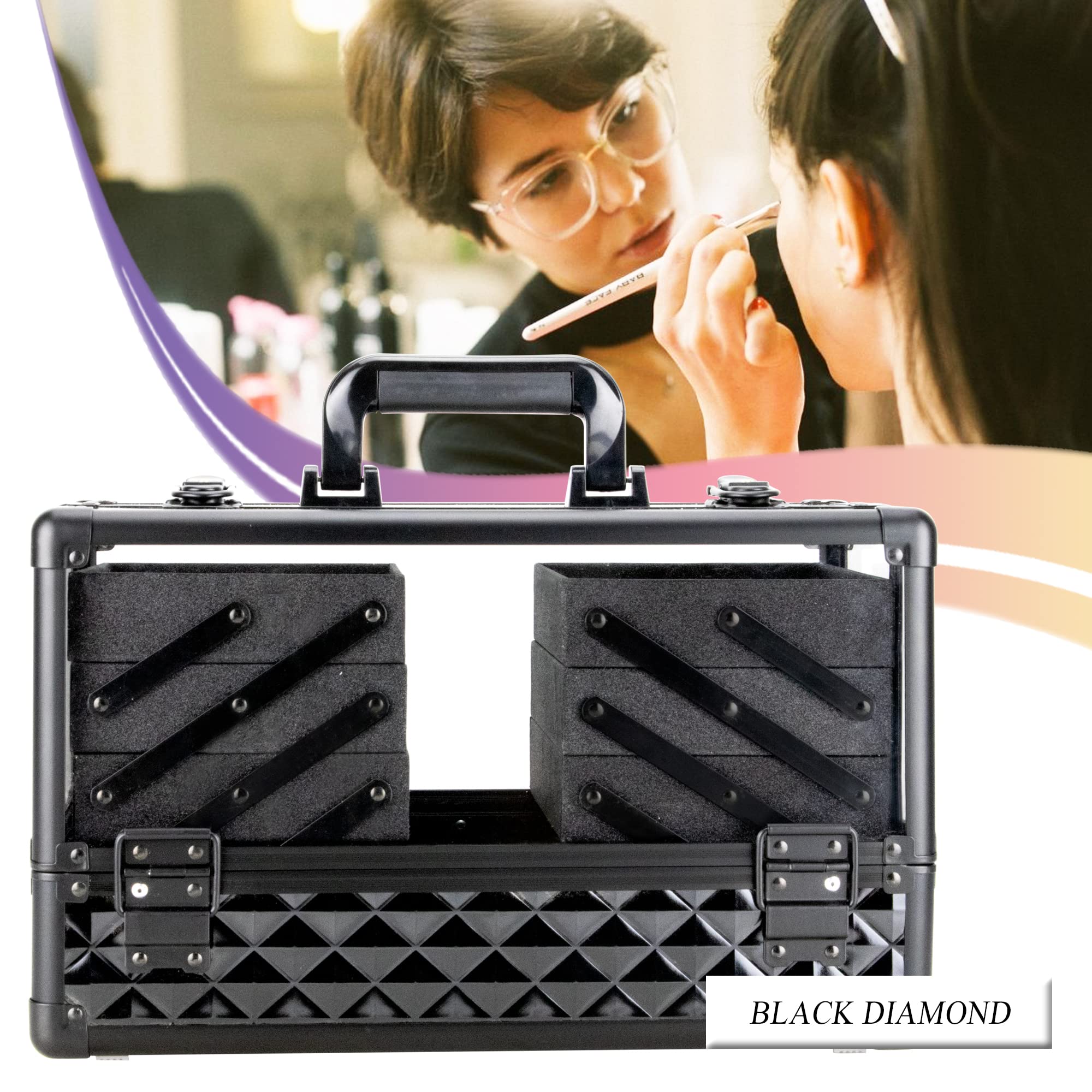 Ver Beauty 14 Inch Large Professional Makeup Train Case - Portable Acrylic Cosmetic Storage Organizer with 6 Trays for Makeup Artists, Jewelry, Nail Kits & Crafts - Perfect for Travel, Salon & Home Organization (Black)