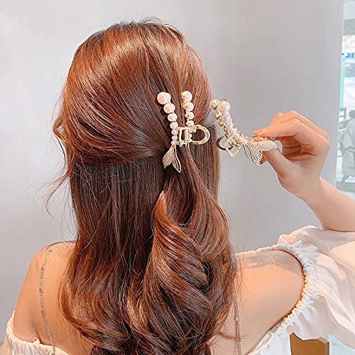 Bakefy 4.3 Inch Large Metal Rhinestone Pearl Hair Claw Clips - Non-Slip Strong Hold Hair Clasps for All Hairstyles (Thick, Thin, Curly, Straight) - Perfect for Weddings, Parties, Work & Everyday Use