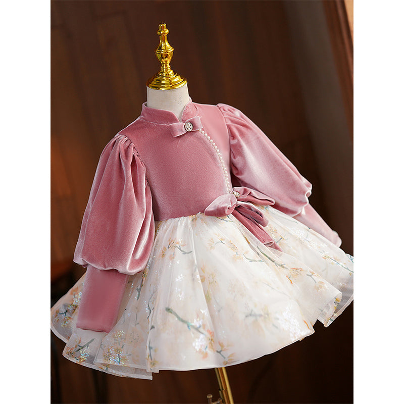Pink Velvet Tulle Princess Flower Girl Dress with Beaded Lantern Sleeves - Perfect for Weddings, Birthday Parties & Special Occasions