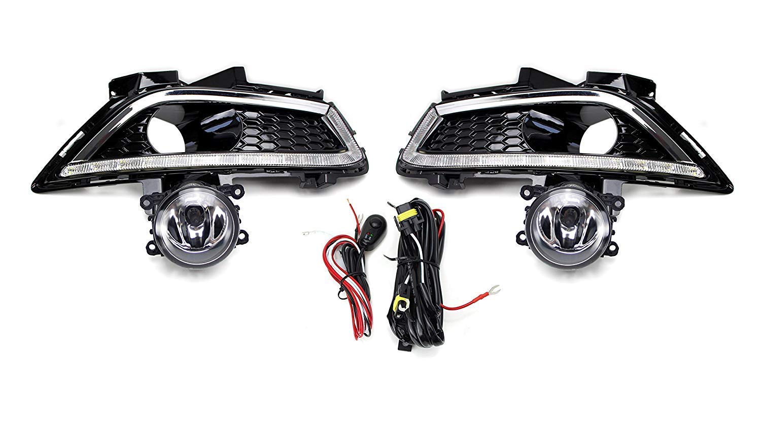 iJDMTOY LED Daytime Running Lights & Halogen Fog Lamp Kit for 2013-2016 Ford Fusion - Includes DRL Fog Bezels, Halogen Fog Lights & Wiring Harness - Perfect for Enhanced Visibility & Style on Night Driving and Bad Weather Conditions