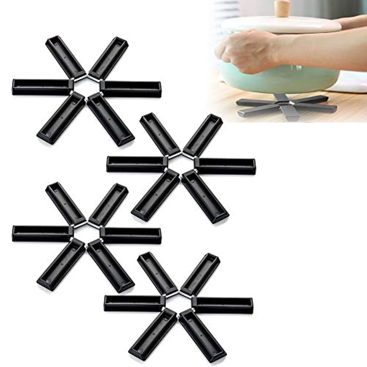 Heat-Resistant Silicone Trivets Set of 4 - Non-Slip Folding Hot Pads for Kitchen, Dining Table & Countertop Protection - Perfect for Hot Pots, Pans, Dishes & Serving Trays - Durable & Space-Saving Kitchen Accessories