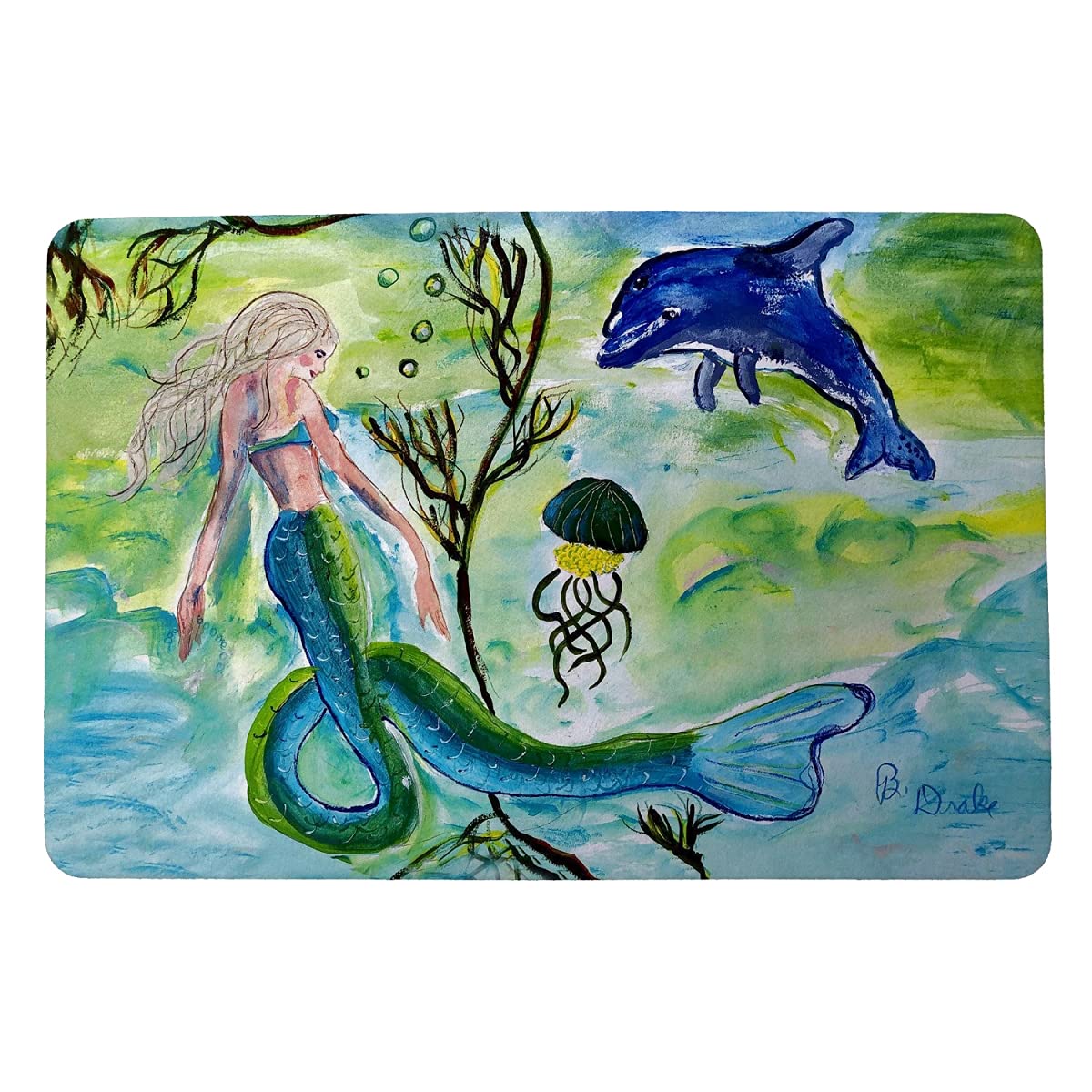 Betsy Drake Mermaid and Jellyfish Small Non-Slip Doormat - Waterproof Indoor/Outdoor Entryway Rug for Home, Porch, Patio, and Poolside Decor