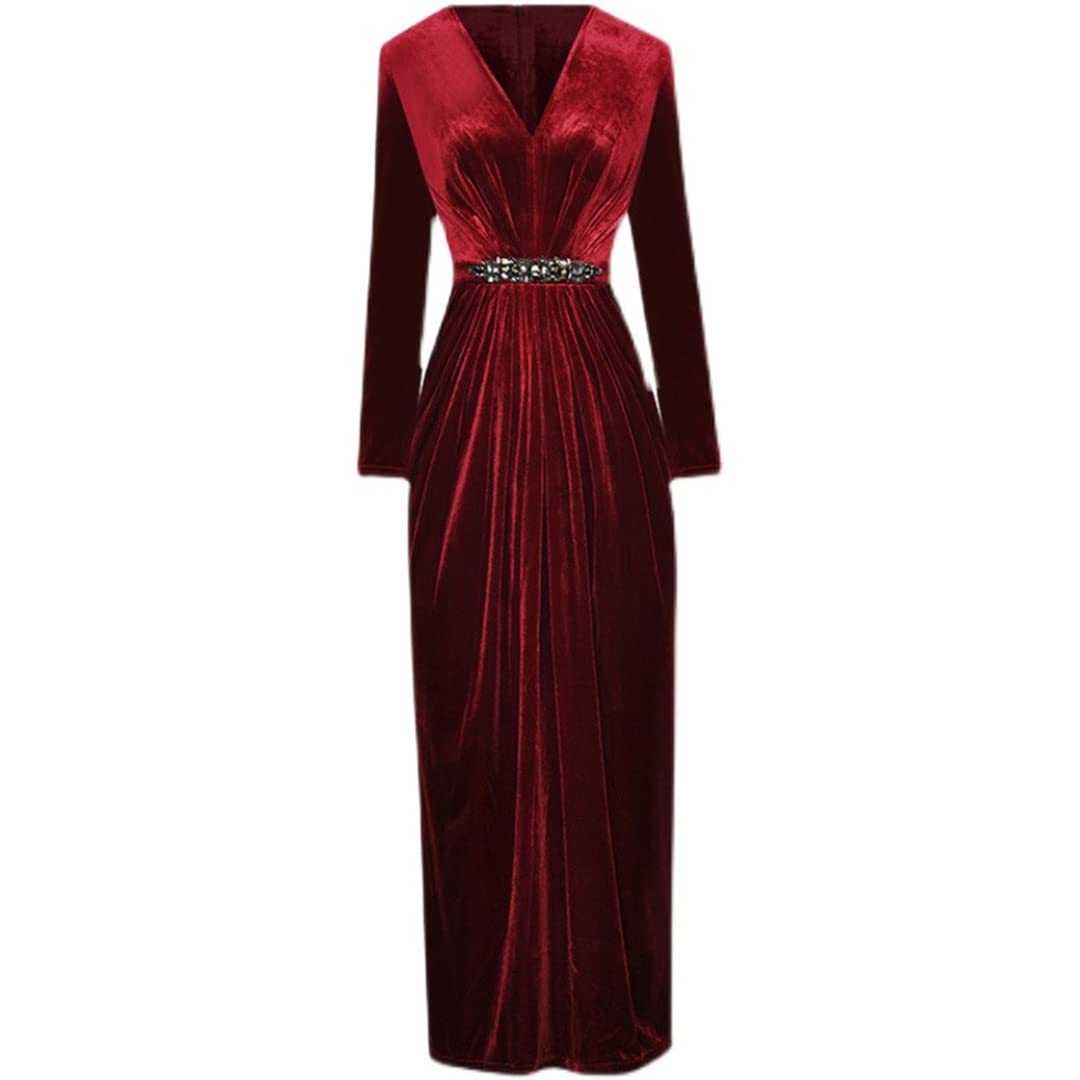 Elegant Red Velvet Party Dress for Women - V-Neck Beaded Long Sleeve High Waist Slim Pencil Dress for Fall Weddings, Christmas Parties & Formal Events