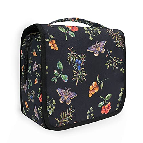 Berry Wildflower Butterfly Tropical Plant Hanging Toiletry Bag - Black Travel Makeup Organizer for Women | Portable Cosmetic Kit with Clear Pockets | Perfect for Camping, Gym & Vacation Trips