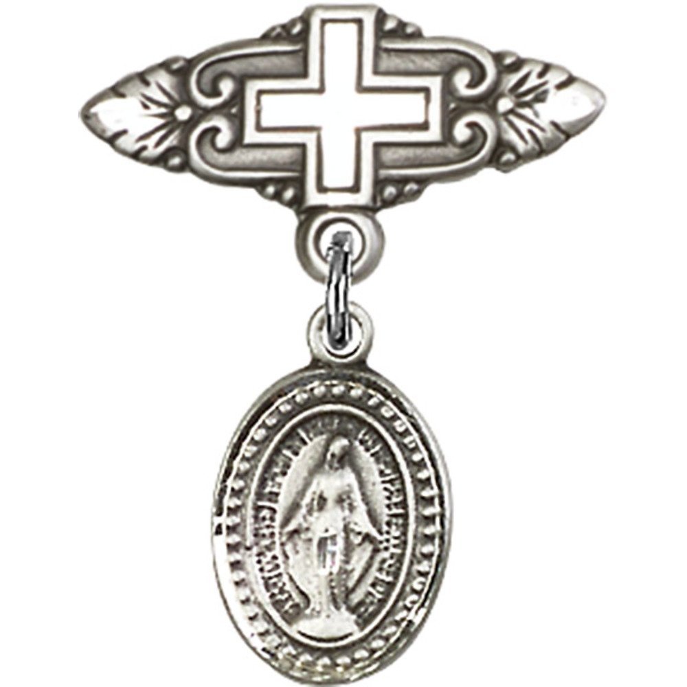 1 X 3/4 Inch Sterling Silver Baby Badge with Miraculous Charm & Cross Pin - Perfect for Christening Gifts, Baptism Jewelry & First Communion Keepsakes