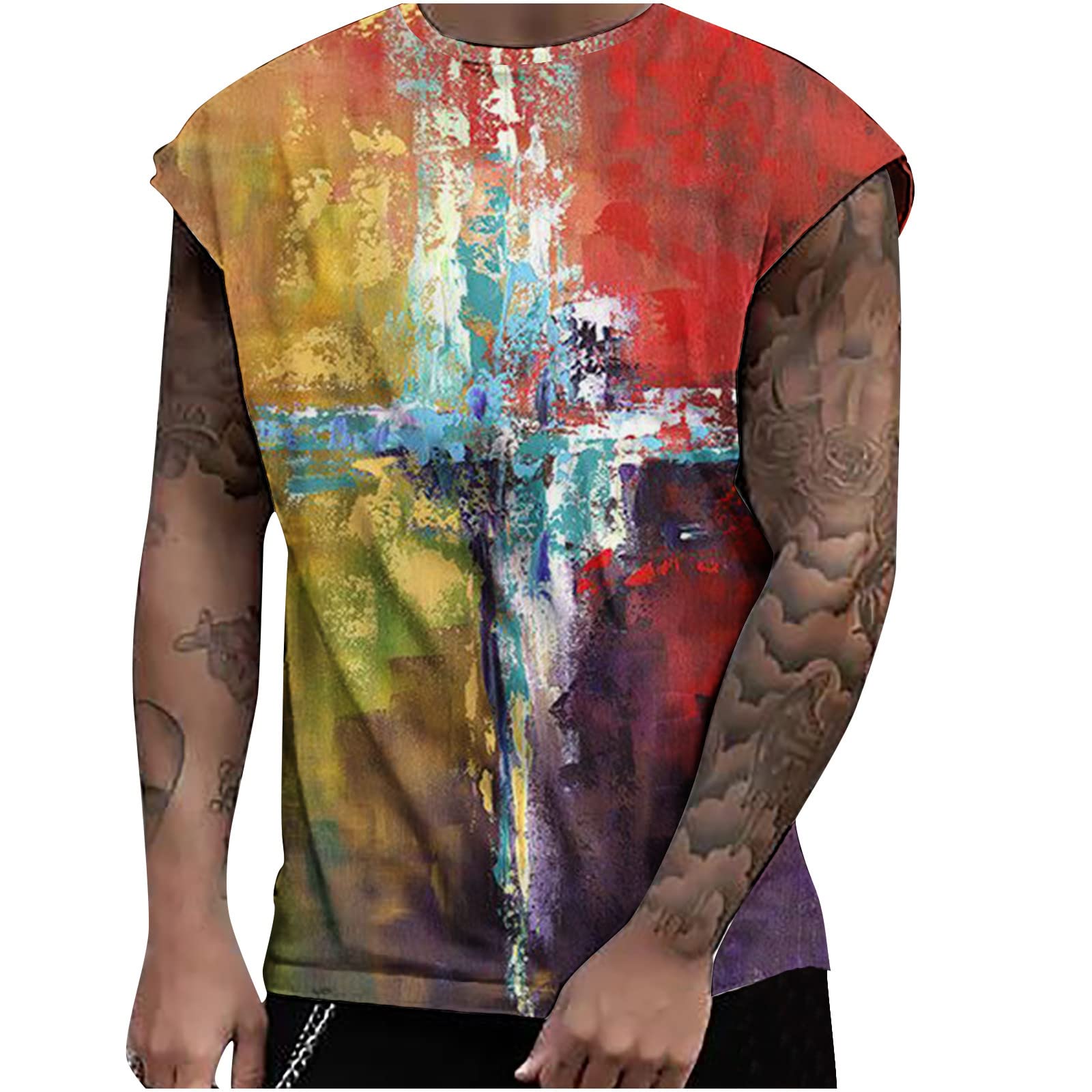 2022 Men's Tie-Dye Cross Pattern Sleeveless Tank Top - Breathable Round Neck Pullover for Summer, Fitness & Sports - Tall Fit, No Shrink, Stylish Casual Wear - Perfect for Gym, Beach & Outdoor Activities