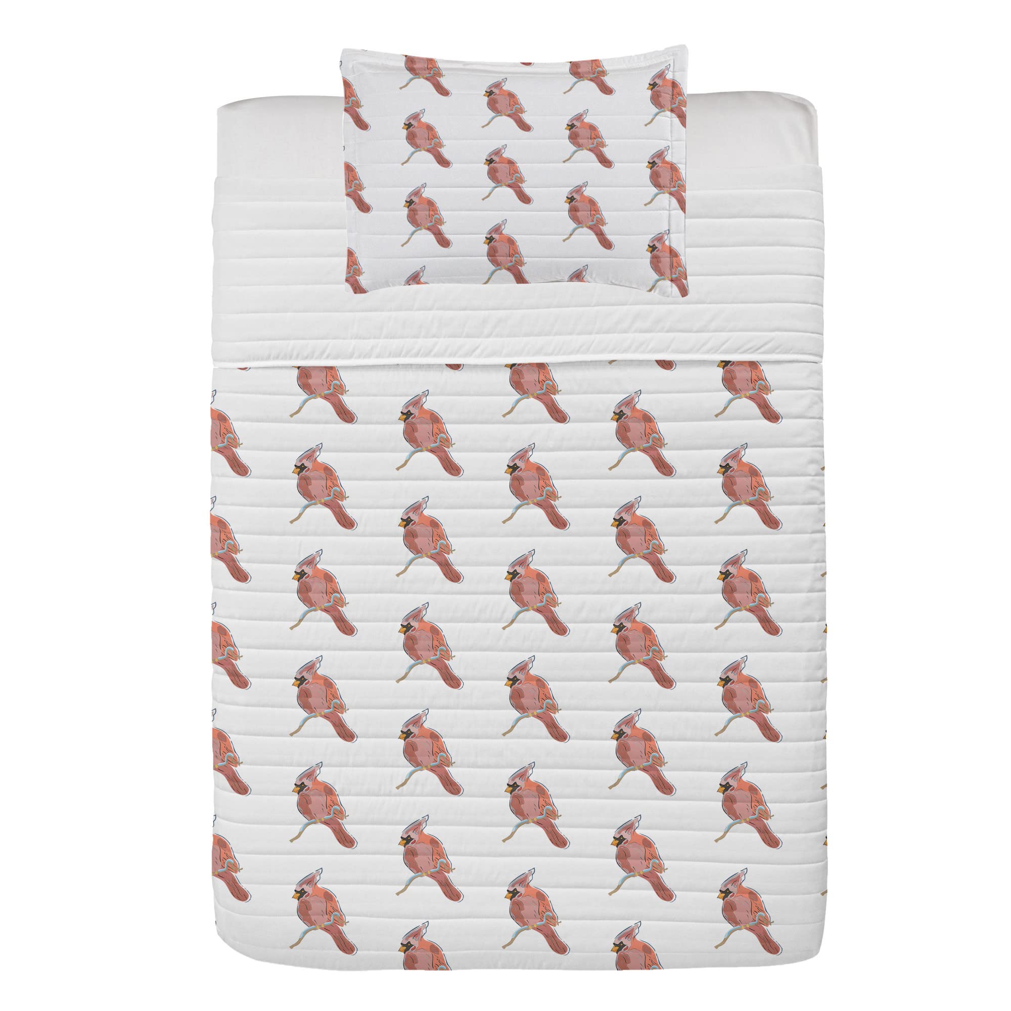 Ambesonne Cardinal Microfiber Twin Bedspread Set with Pillow Sham & Comforter - Flying Bird Nature Forest Pattern in White Salmon Pale Rust - Soft Bedding for Cozy Bedroom Decor & Guest Room Essentials