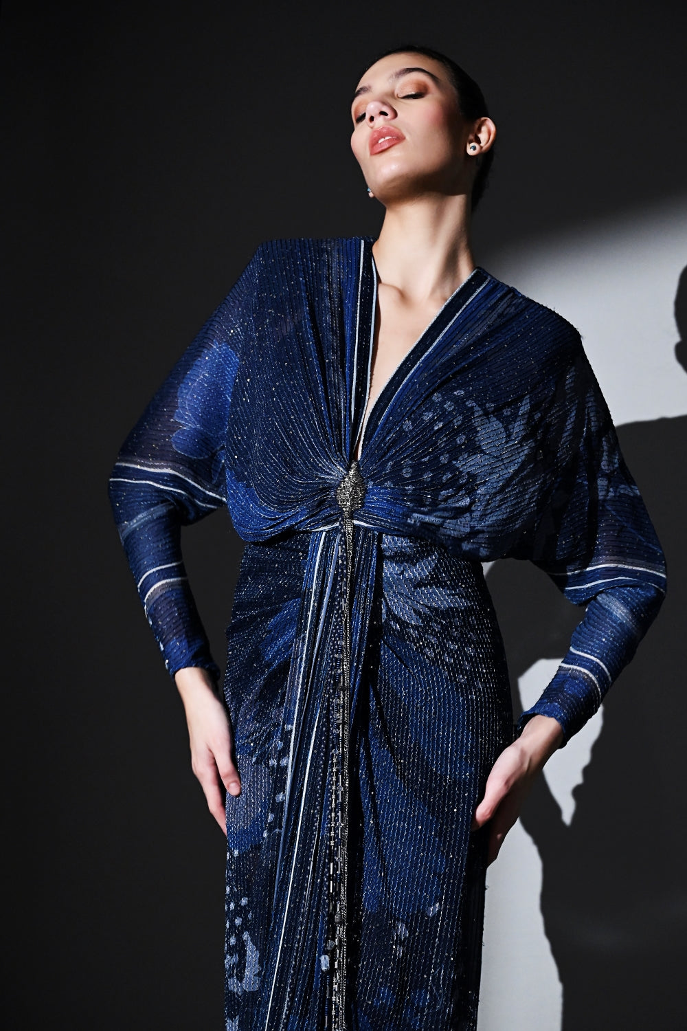 Elegant Midnight Star Draped Dress for Women - Formal Evening Gown for Parties, Prom, and Special Occasions