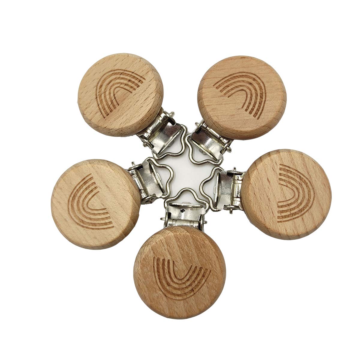 5pcs Natural Wooden Pacifier Clips - Cute Beech Wood Animal Round Beads for DIY Baby Pacifier Chains | Safe & Non-Toxic Baby Accessories for Outings, Stroller Walks & Photo Shoots