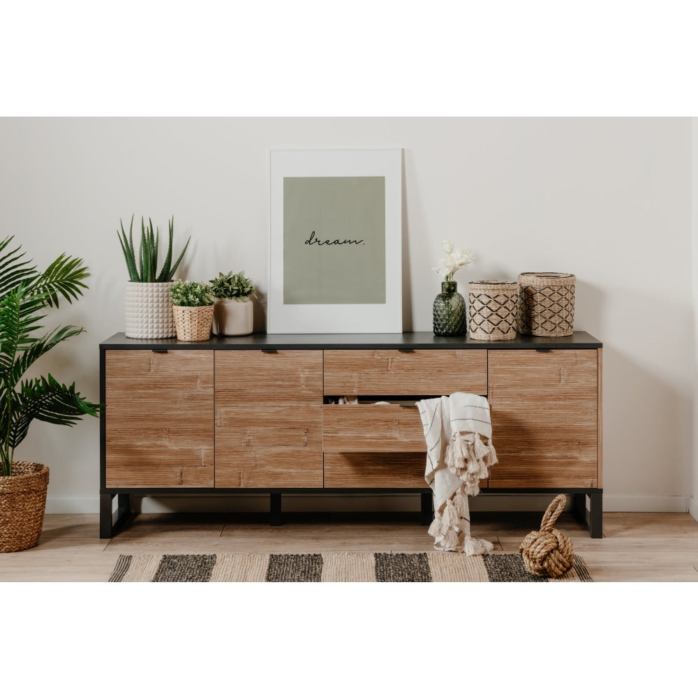 Caleb Wooden Sideboard Buffet Storage Cabinet with 3 Drawers & 3 Doors - Bamboo/Black Finish for Dining Room, Living Room, or Entryway Organization