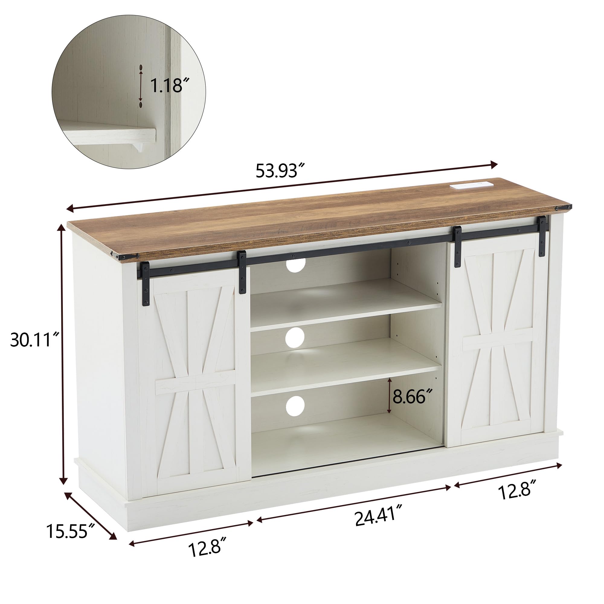 Rustic Farmhouse TV Stand with Power Outlets - Wooden Entertainment Center with Storage Cabinets & Sliding Barn Doors - Media Console for Living Room, Bedroom (White) - Perfect for Home Theater Setup & Cozy Family Movie Nights