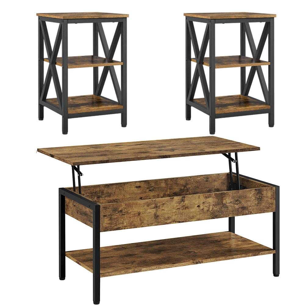 Yaheetech 3-Piece Lift Top Coffee Table Set with Hidden Storage - Industrial Style Rustic Brown Lift-Up Center Table & X-Shape End Tables for Living Room, Perfect for Small Spaces, Home Office, and Modern Farmhouse Decor