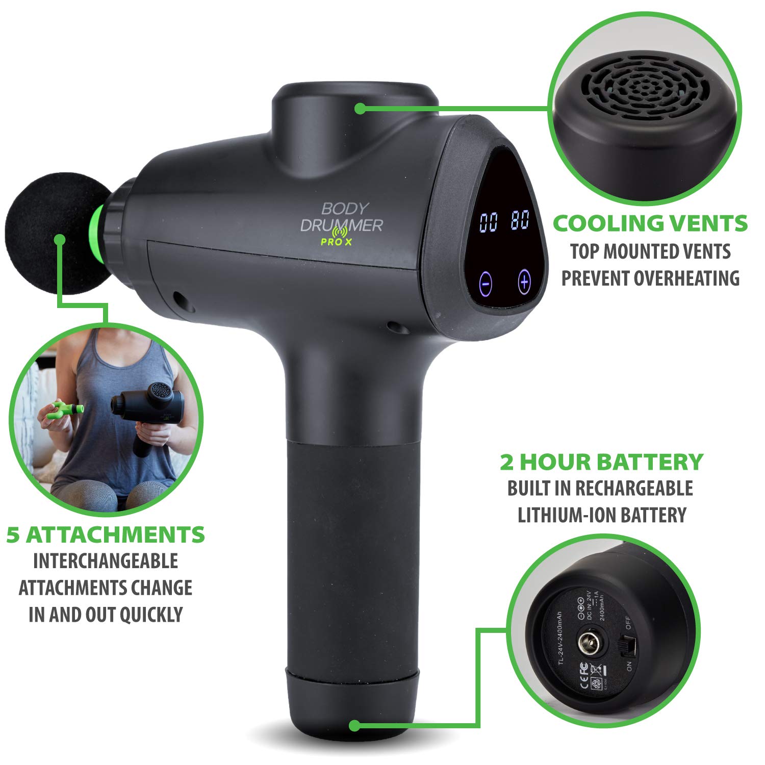 Body Drummer Pro-X Percussion Massage Gun - Deep Tissue Pain Relief, 6 Massage Heads, 20 Speed Levels, Rechargeable & Quiet - Perfect for Post-Workout Recovery, Muscle Relaxation & Chronic Pain Relief