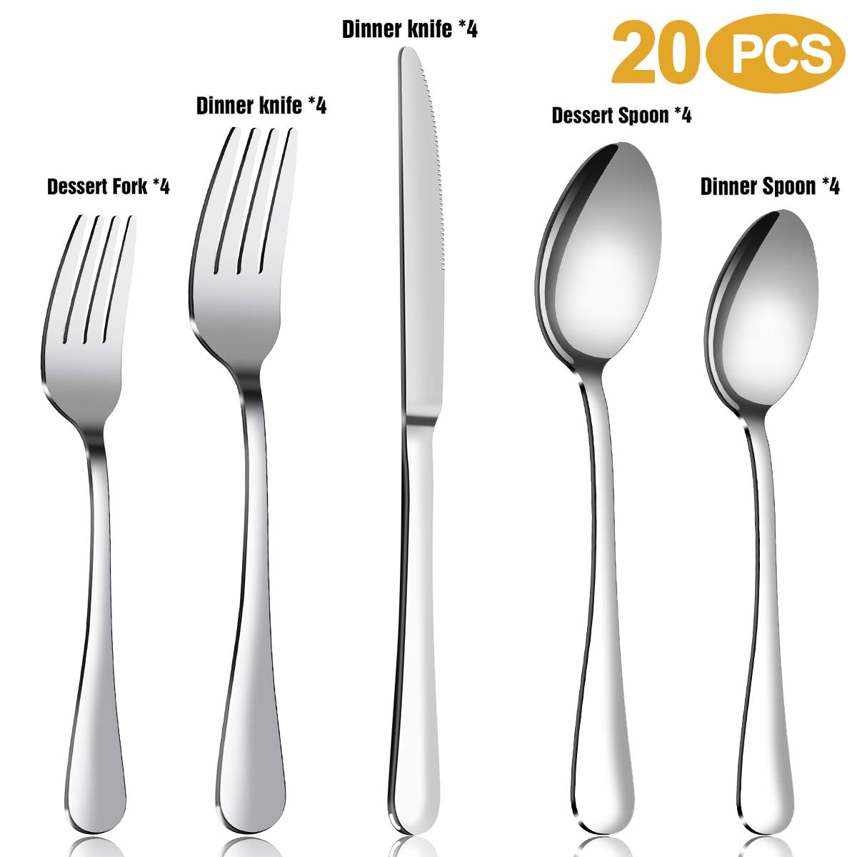 Premium 20-Piece Stainless Steel Flatware Set for 4 - Includes Forks, Spoons & Knives - MASSUGAR Silverware Set - Dishwasher Safe - Perfect for Dining, Parties & Everyday Use