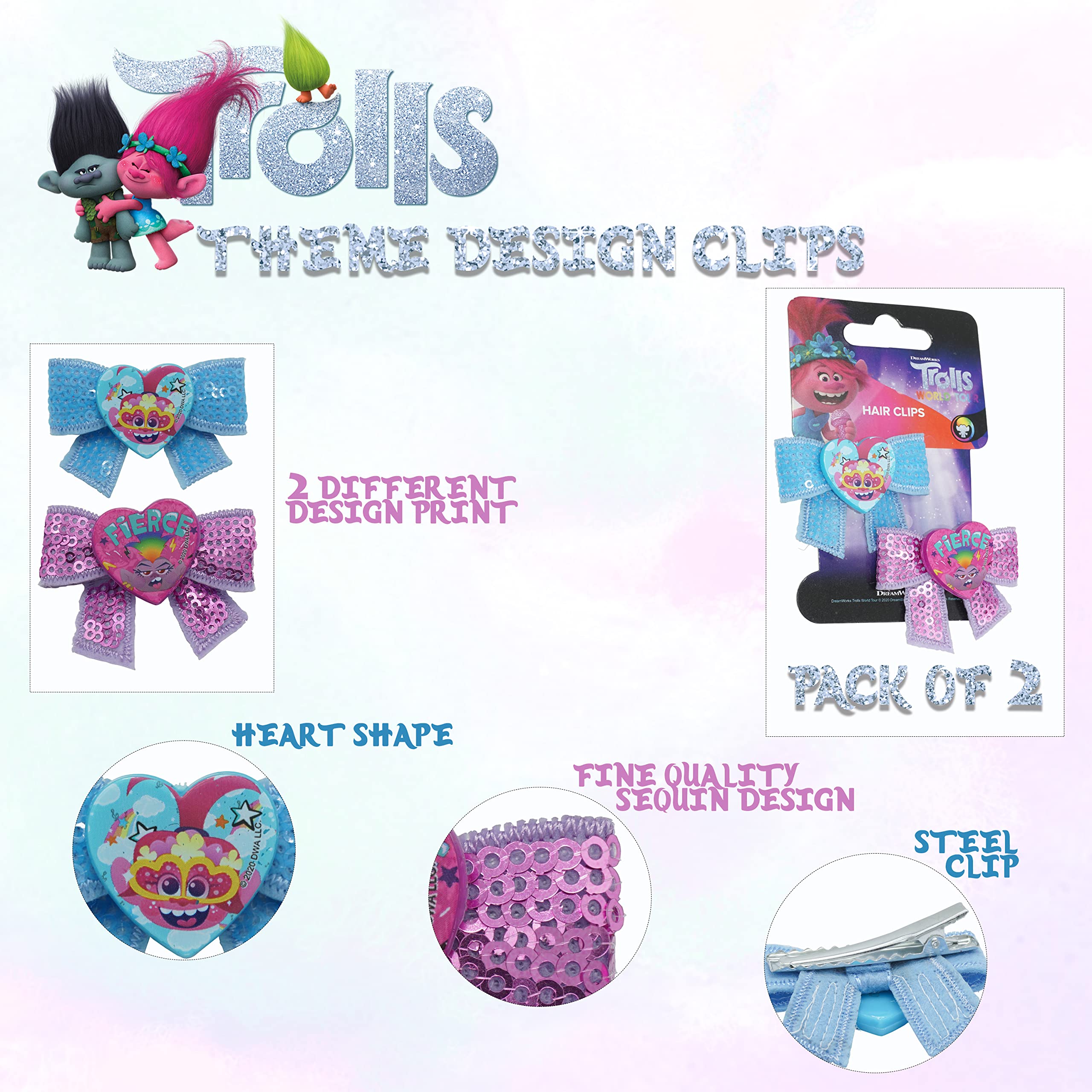 2Pcs Disney Trolls Hair Bow Clips for Girls – Non-Slip Hair Accessories, Hair Clips & Sliders – Reduce Hair Breakage – Perfect for School, Parties & Daily Styling