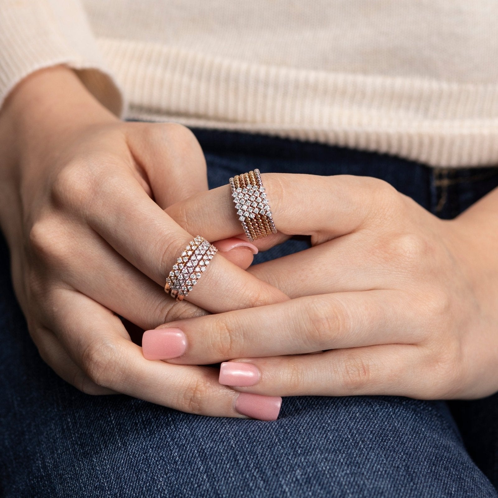 14K Solid Rose Gold Five Diamond Beaded Ring for Women - Elegant Stackable Dainty Jewelry Gift for Anniversary, Birthday & Special Occasions