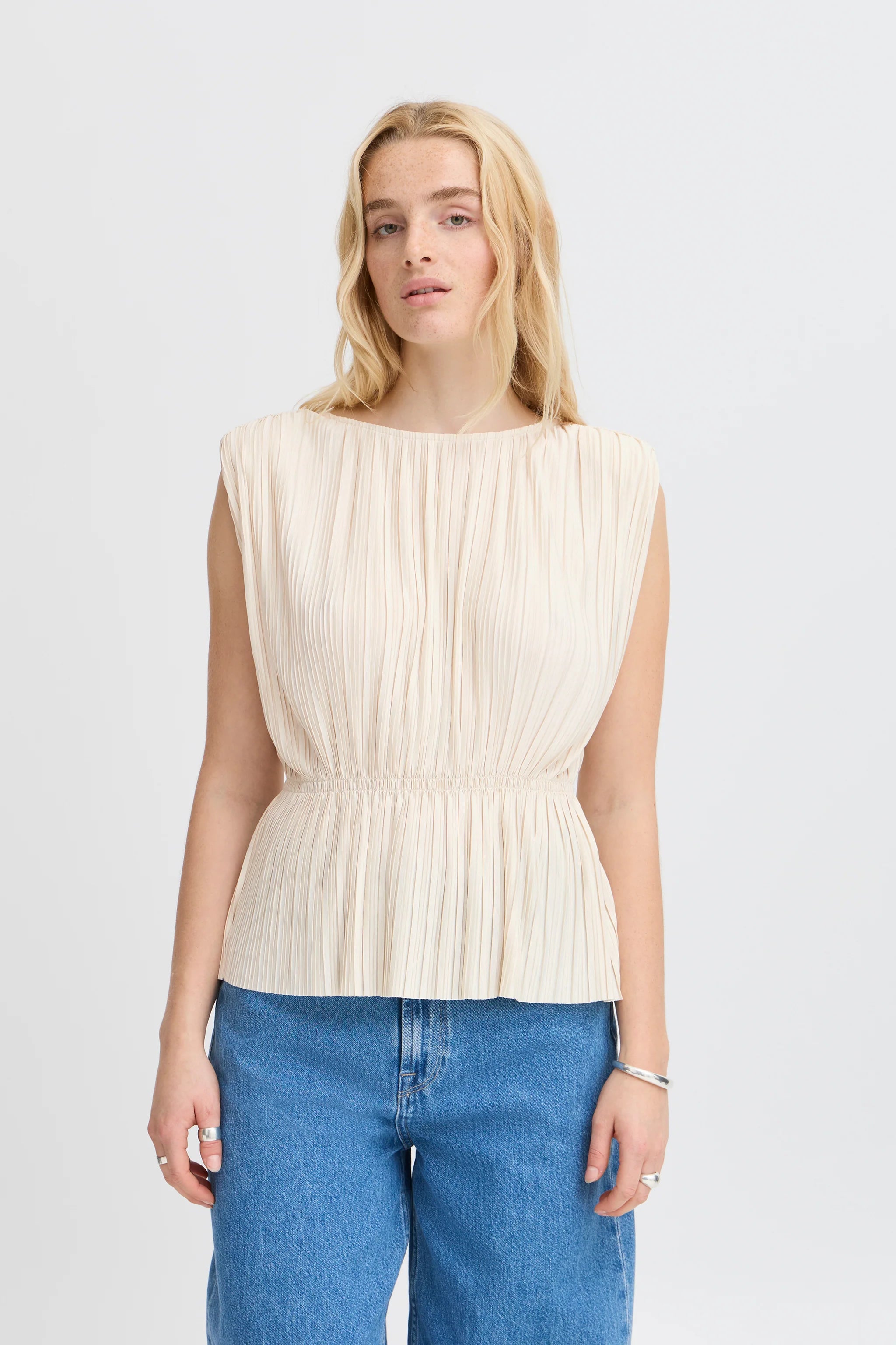 Ana Plisse Sleeveless Top for Women - Soft Almond Milk Color Summer Blouse - Perfect for Casual Outings, Beach Vacations & Date Nights