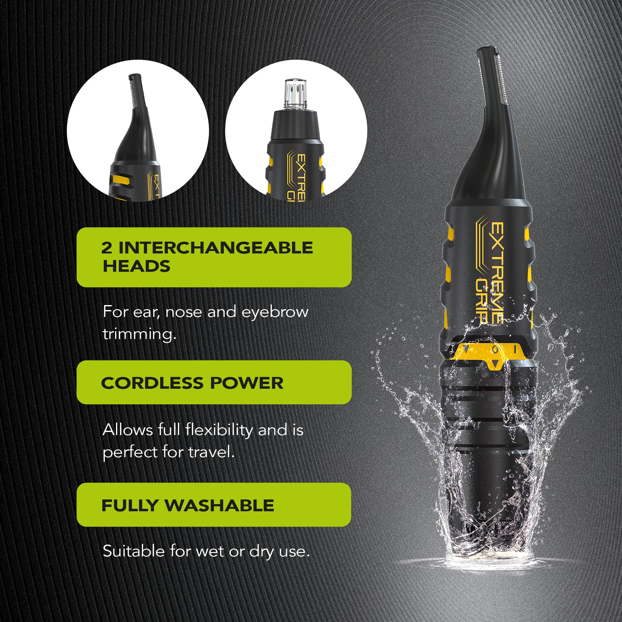 Wahl Extreme Grip Detail Trimmer for Men & Women - Painless Eyebrow & Facial Hair Trimmer, 2-in-1 Personal Grooming Kit with Nose, Ear & Eyebrow Attachments | Cordless, Battery-Powered & Washable Heads | Perfect for Travel, Home & Salon Use