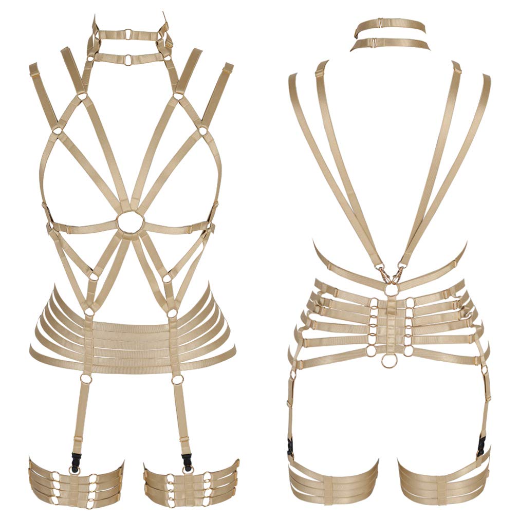 Sexy Women's Gothic Punk Style Full Body Suspenders Bra & Garter Belt Set - Plus Size Lingerie for Festival, Carnival & Boudoir Photography - Black Lace Underwear for Exotic Fashion & Role Play