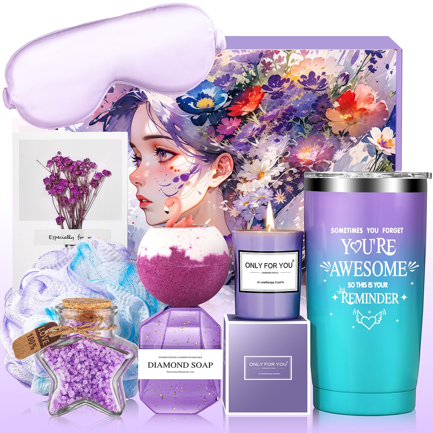 Unique Spa Relaxation Self Care Gift Basket for Women - 8P Purple Birthday, Friendship, Get Well Soon Gift for Best Friend, Mom, Wife, Sister - Perfect for Christmas, Valentine's Day & Mother's Day - Home Spa & Stress Relief Gift Set
