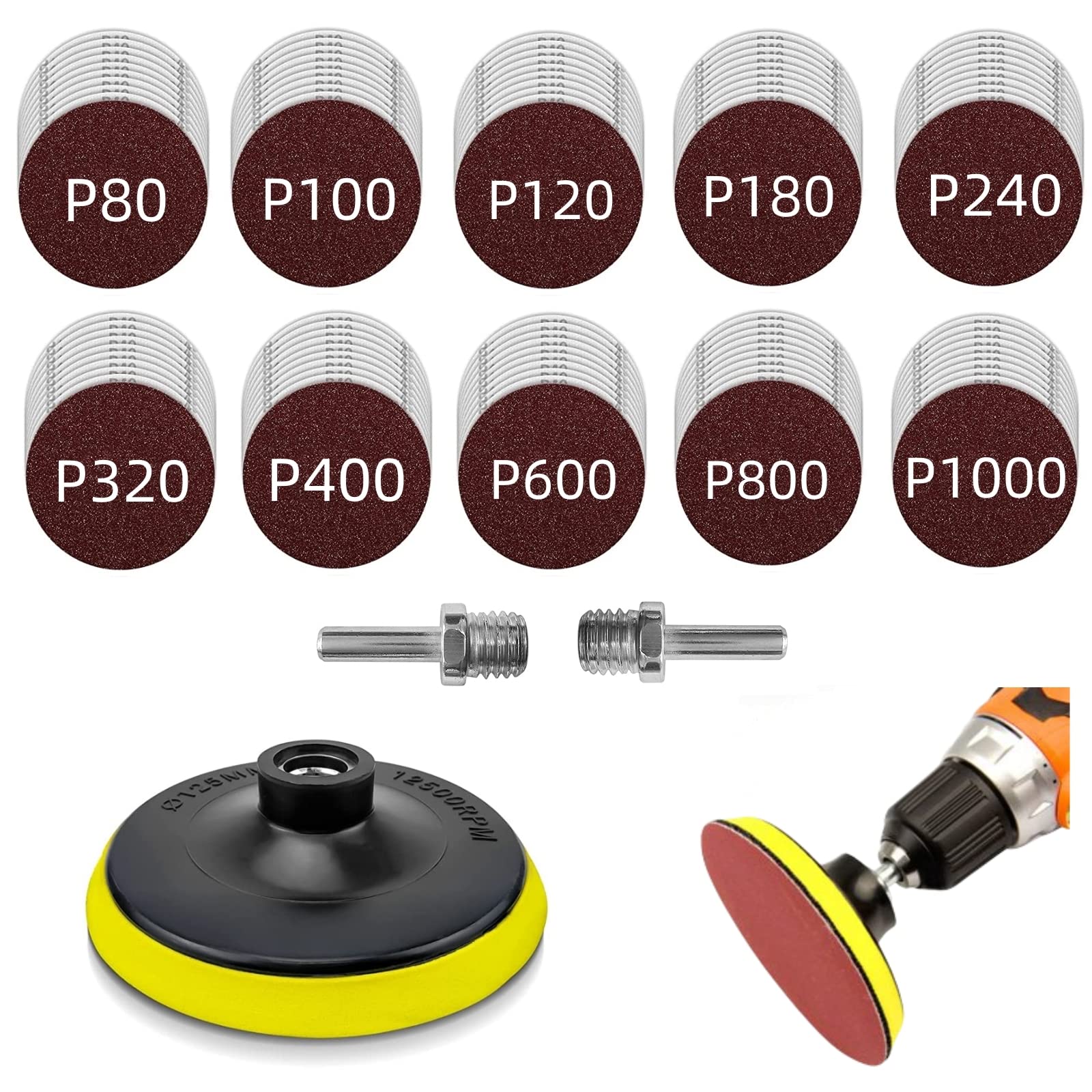 5 Inch Hook and Loop Sanding Discs Kit - 100PCS Assorted Grits (80-1000) with 2PCS 5/8-11 Thread Adapters - Angle Grinder Sandpaper for Wood, Metal & Auto Polishing - Perfect for DIY Projects & Professional Surface Preparation