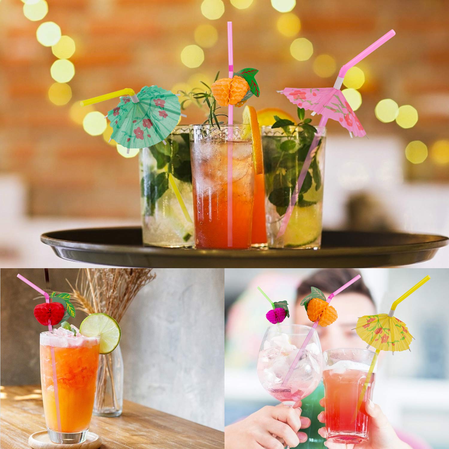 100-Pack Disposable Straws - Flamingo & Pineapple Design Fruit & Umbrella Straws for Cocktails, Soft Drinks - Tropical Party Decor for Hawaiian Luau, Poolside Drinks & Summer Celebrations (50 Flamingo + 50 Pineapple Straws)