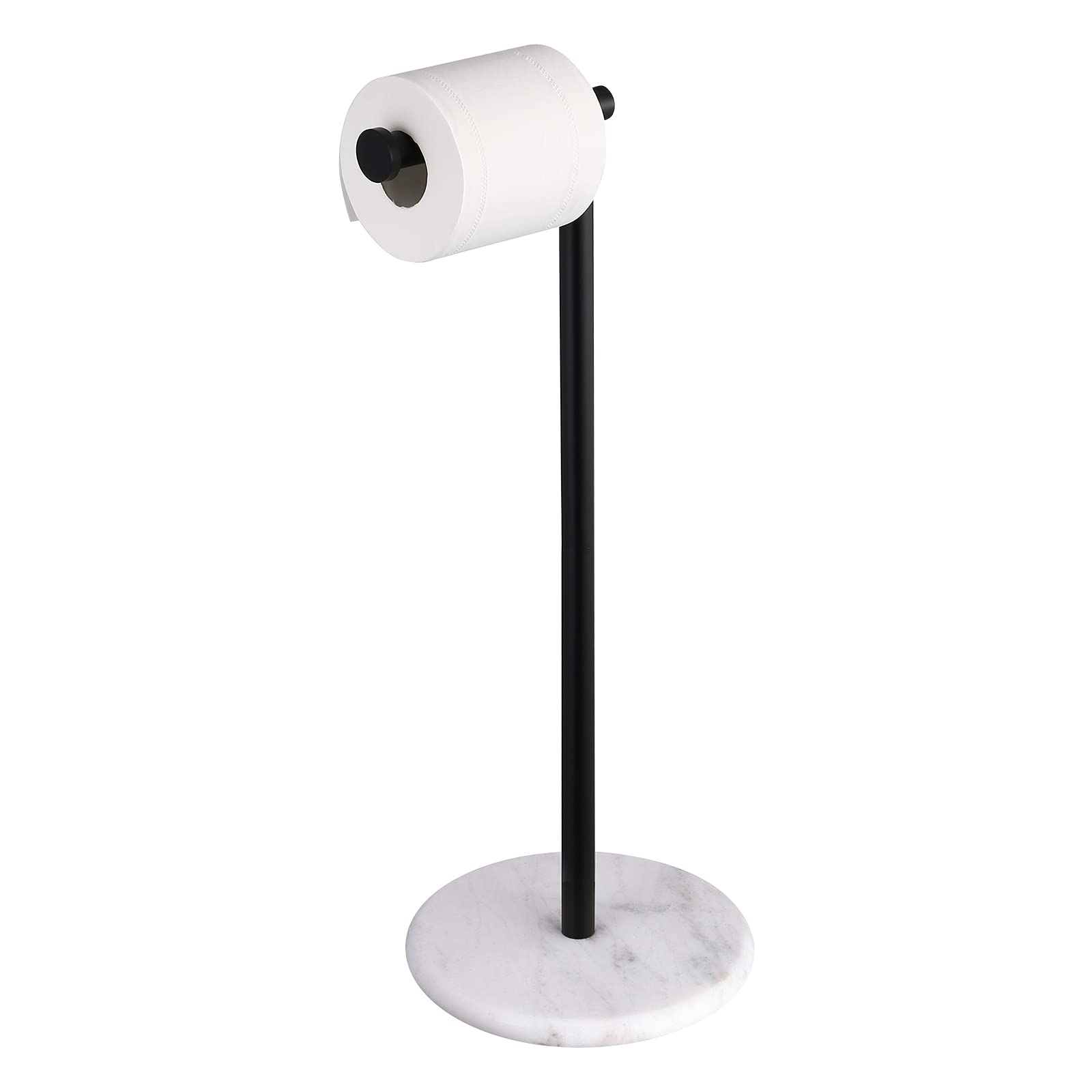 Premium Black Freestanding Toilet Paper Holder Stand with Marble Base - SUS304 Stainless Steel Matte Bathroom Tissue Roll Dispenser for Modern Home & Luxury Hotel Restroom Decor