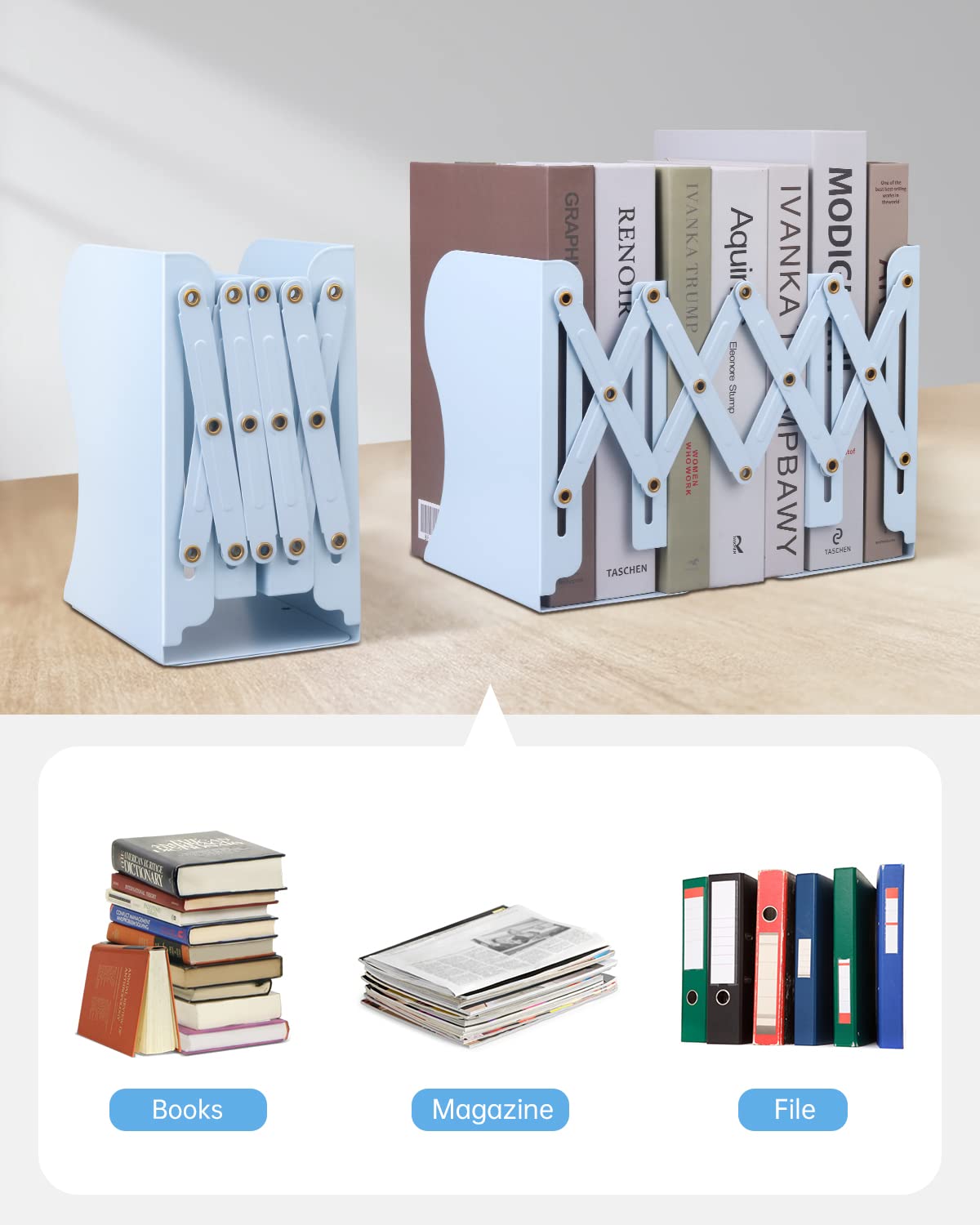 Honagu Adjustable Metal Bookends for Shelves - Heavy Duty Book Organizer for Home & Office - Extends up to 19 inches (Light Blue) - Perfect for Books, Magazines, Papers & Desk Organization