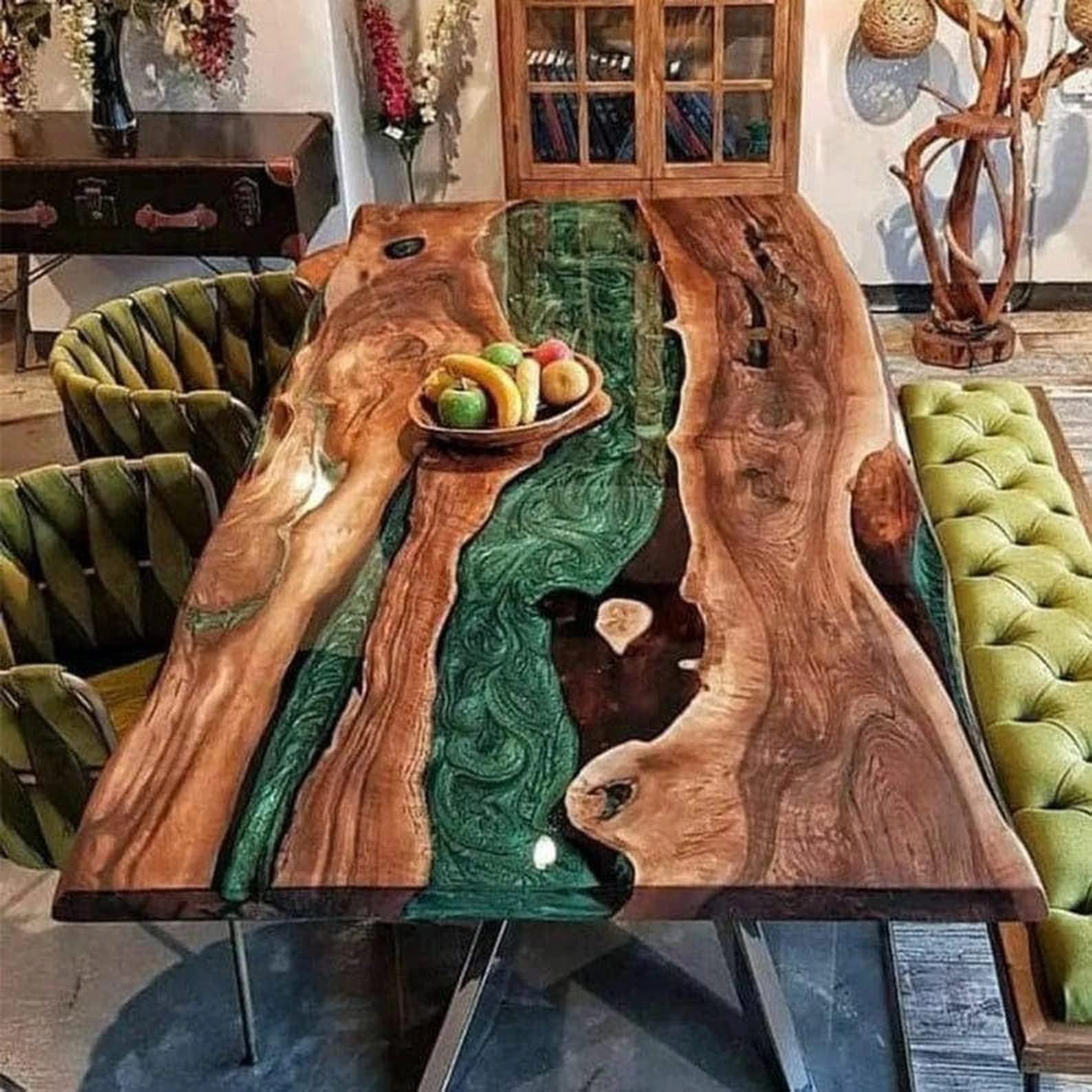 Handmade Green Epoxy Live Edge Wooden Dining Table with Resin River Design - Natural Wood & Epoxy Resin Coffee Table for Living Room, Office, or Restaurant Decor