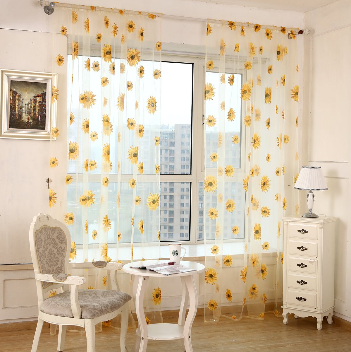 Wirhlly 2PCS Sunflower Print Sheer Curtains - Yellow Voile Window Panels for Kitchen, Bedroom & Living Room Decor | Light Filtering Floral Drapes for Small Windows, Doors & Room Dividers | Perfect for Farmhouse, Boho & Cottage Style Homes