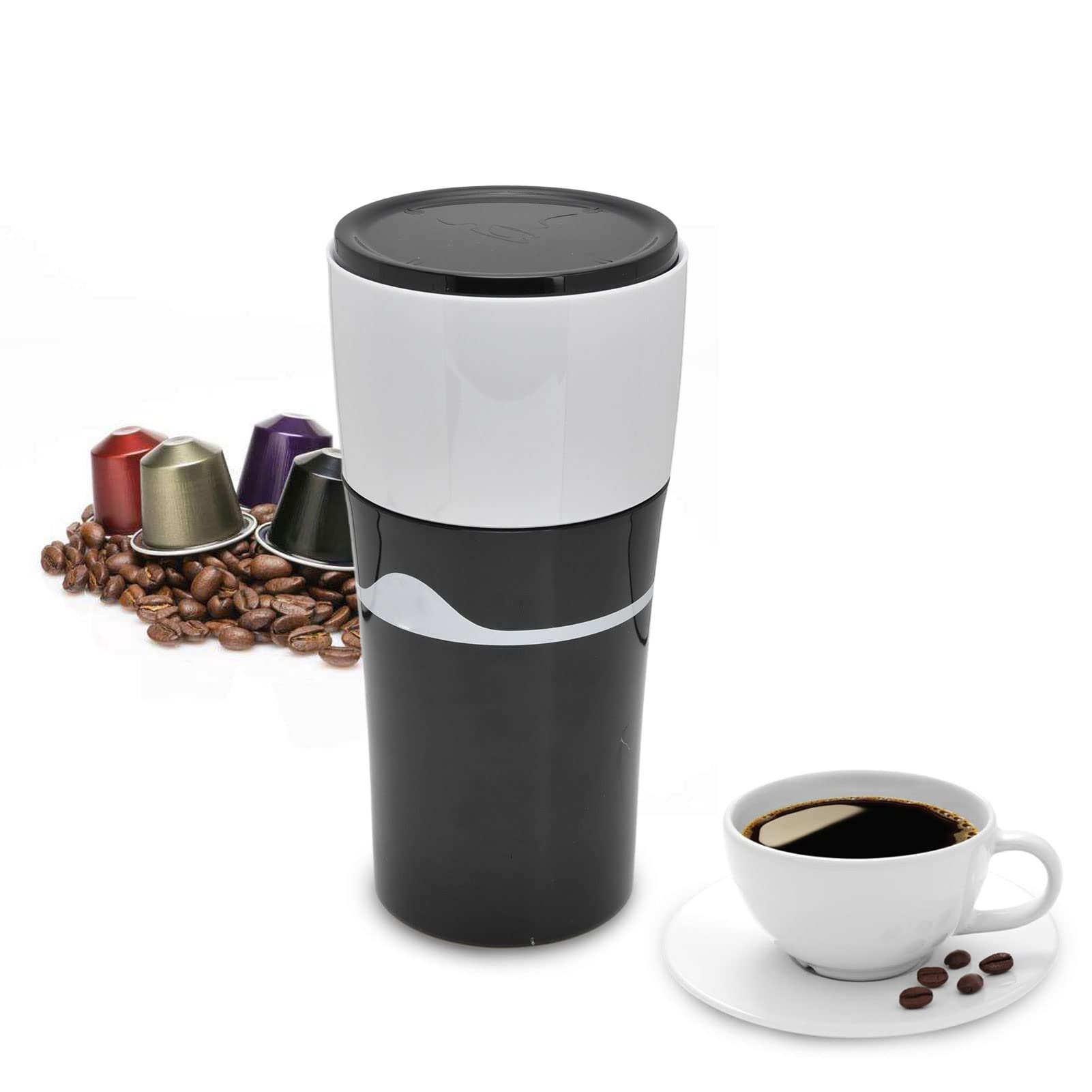 Portable Drip Coffee Maker for K-Cup Pods - 450ml Travel Coffee Machine with PP Material, Compact & Lightweight for Home, Office, Camping (Black & White)