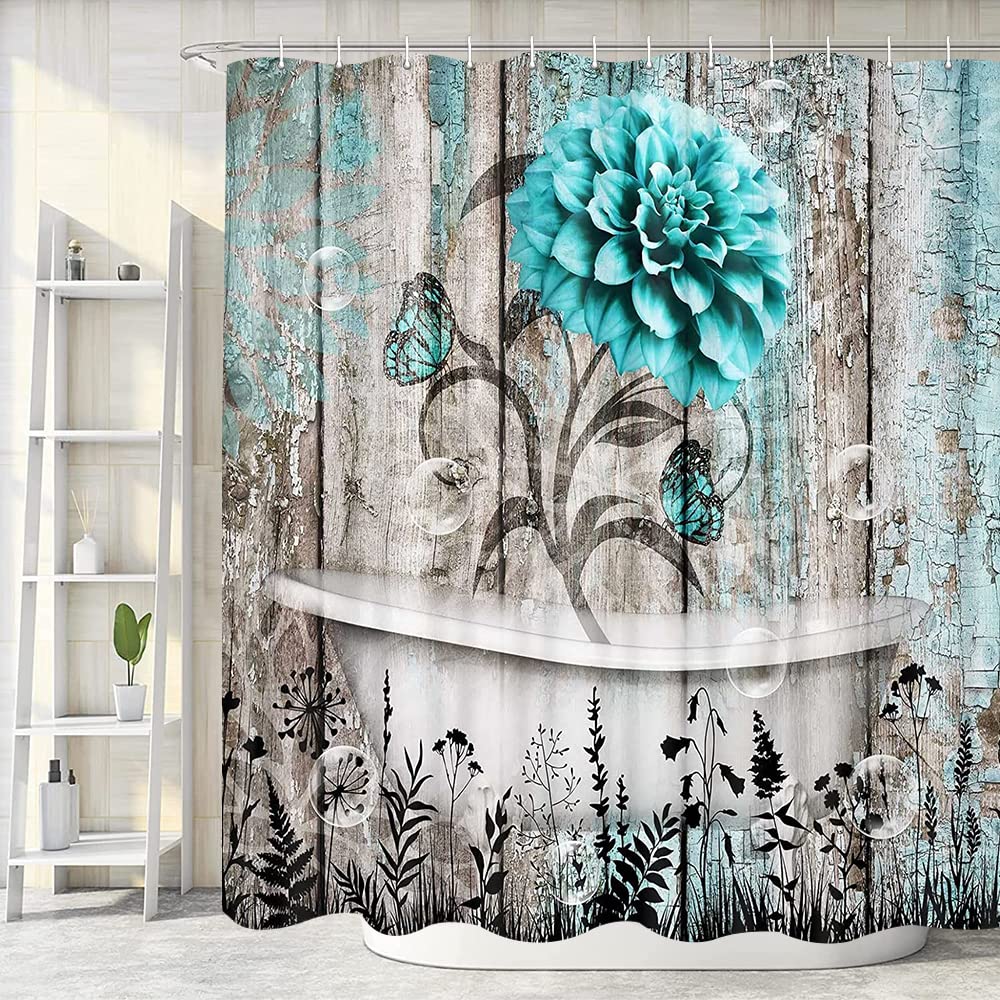 Rustic Teal Floral Shower Curtain - Farmhouse Dahlia & Butterfly Design on Weathered Wood Plank - 72x72 Inch Bathroom Decor with Hooks - Perfect for Vintage, Country, or Boho Style Bathrooms - Waterproof & Easy to Clean for Daily Use