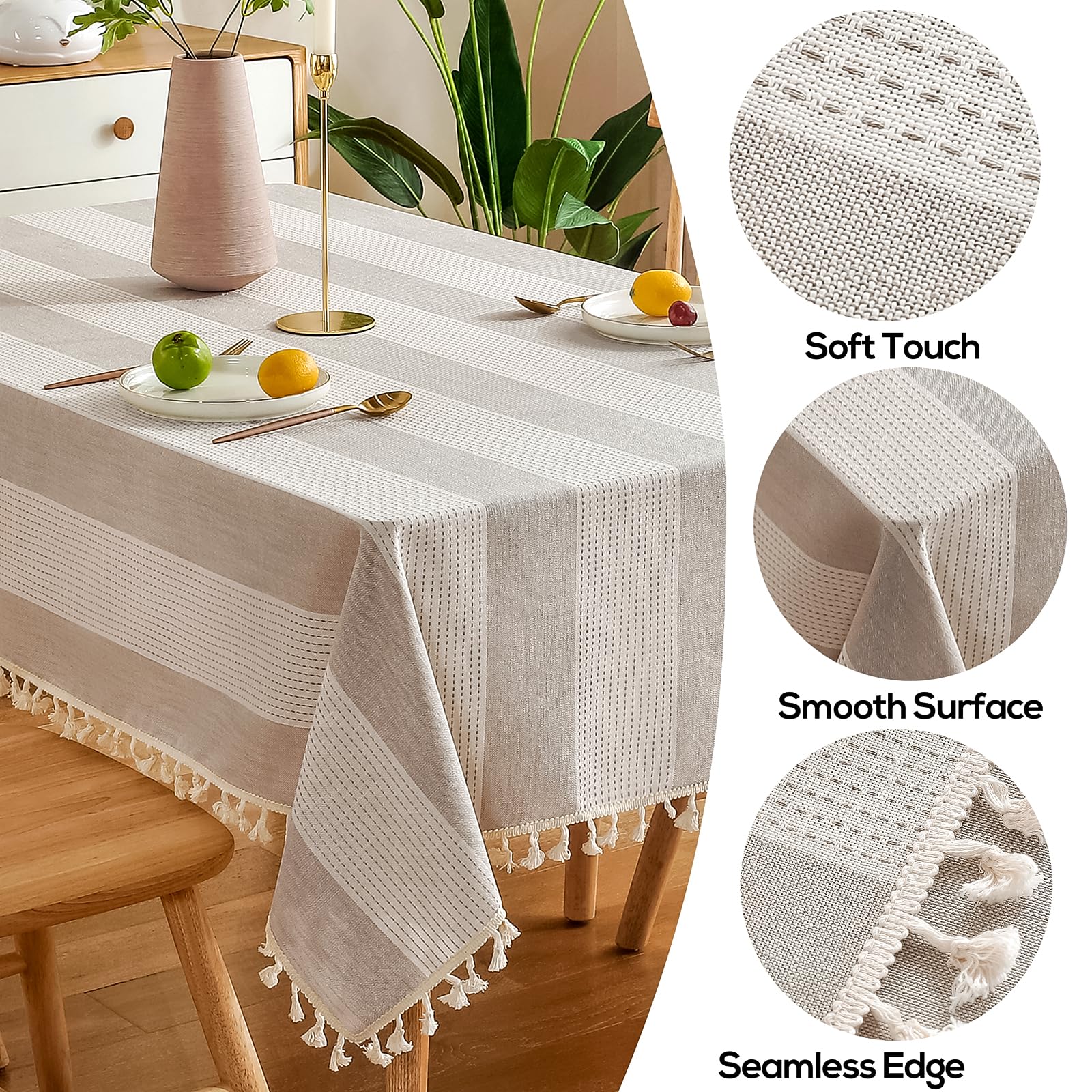 AmHoo Striped Cotton Linen Tablecloth - 54 x 86 Inch Beige Rectangle Kitchen Dining Table Cover with Tassel Trim, Dust-Proof & Washable - Perfect for Everyday Meals, Dinner Parties & Holiday Decor