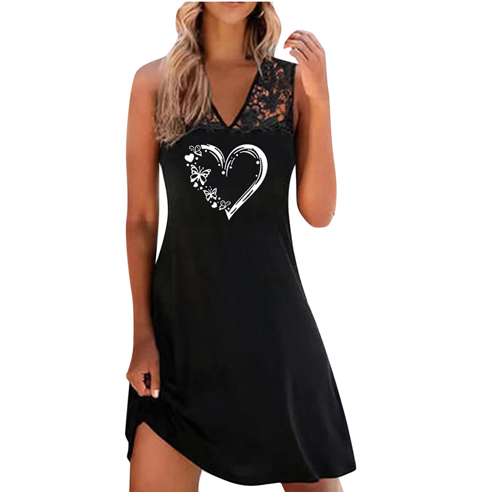 Women's Summer Lace Panel Sleeveless Casual Dress 2022 - Trendy Floral Print Loose Tank Dress for Beach, Vacation & Outdoor Activities