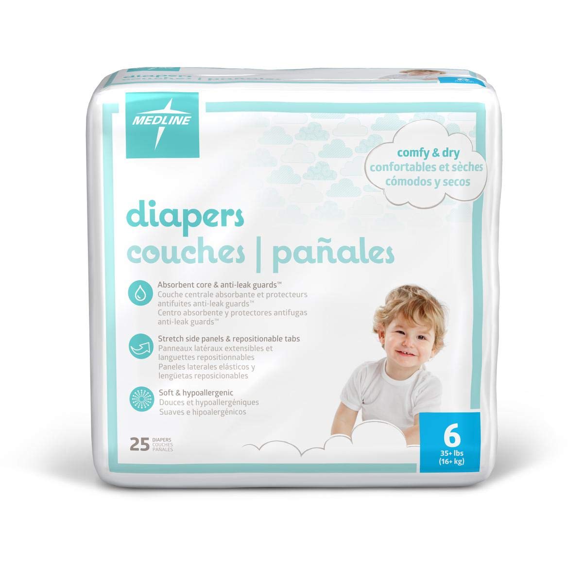 Medline Premium Disposable Baby Diapers Size 6 (35+ lbs) - Ultra Absorbent & Hypoallergenic for Sensitive Skin - 200 Count (8 Packs of 25) - Perfect for Overnight Protection & Active Toddlers