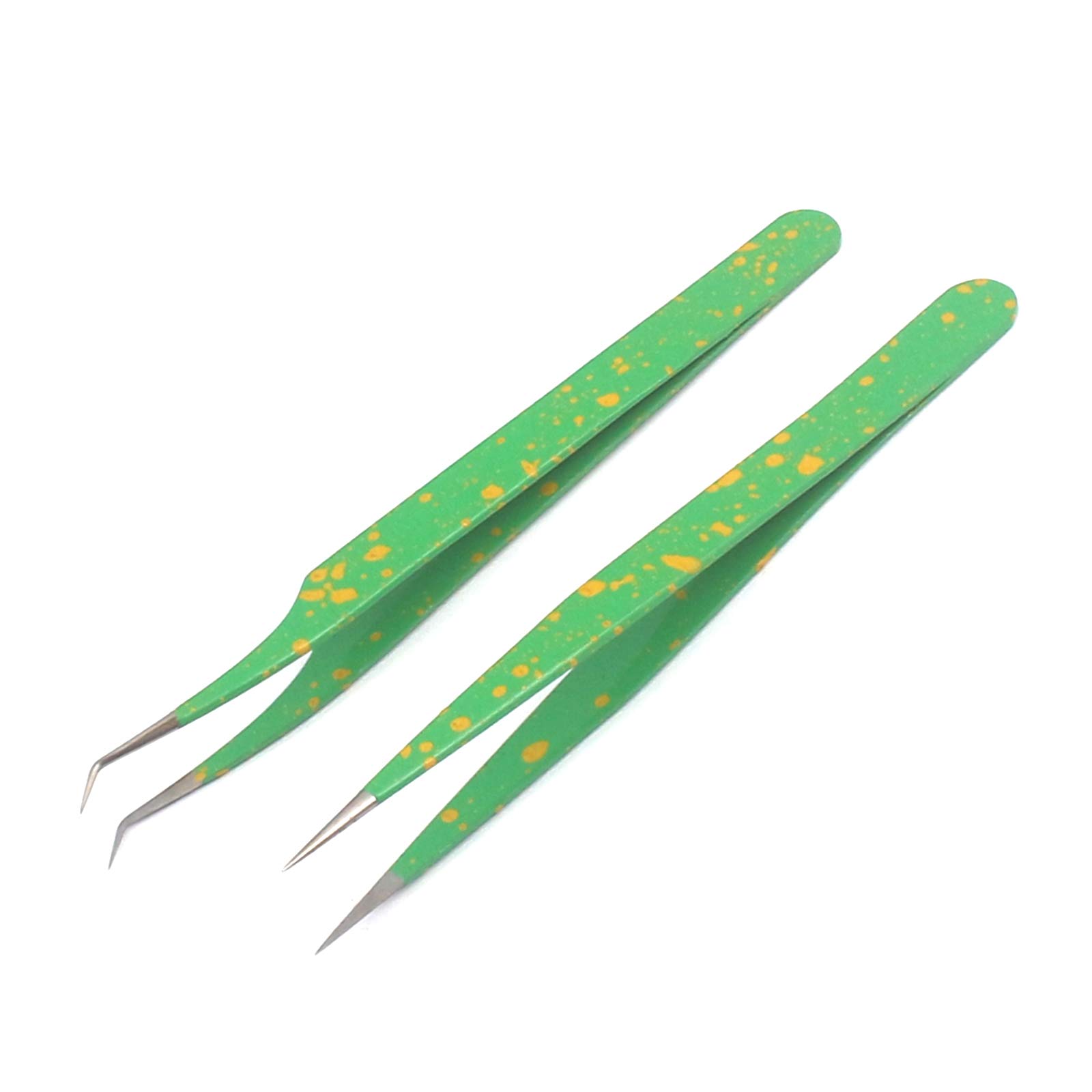 2 Pack Straight & Curved Eyelash Extension Tweezers - Professional Stainless Steel Lash Application Tools (Green & Yellow) for Salon, Home Use & DIY Beauty