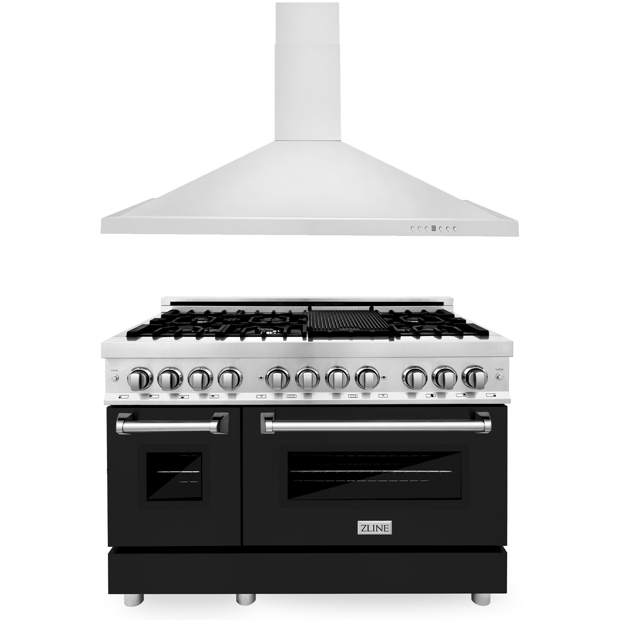 ZLINE 48-inch Professional Kitchen Package - Stainless Steel Dual Fuel Range with Black Matte Door & Convertible Vent Hood (2KP RABLMRH48) - Perfect for Home Chefs & Modern Kitchens