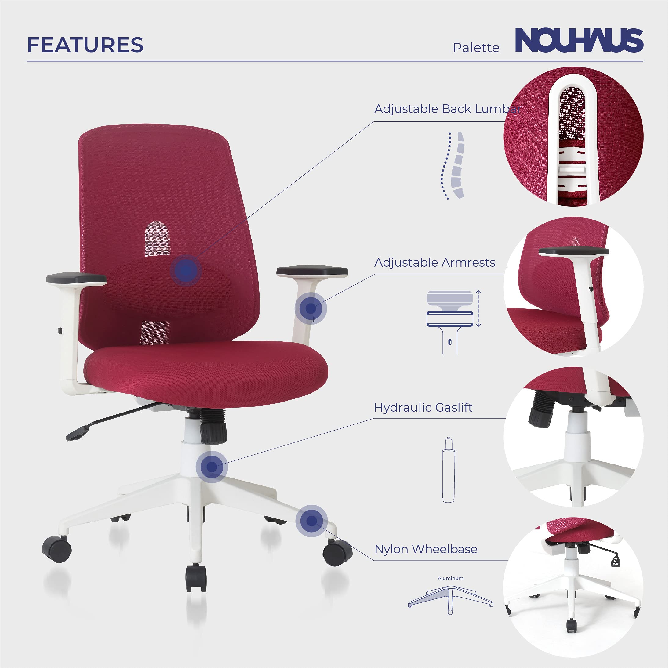 Nouhaus Palette Ergonomic Mesh Office Chair - Adjustable Lumbar Support & Armrests, Breathable Computer Desk Chair for Home & Executive Workspaces (Burgundy) - Perfect for Long Hours of Work, Gaming, or Studying