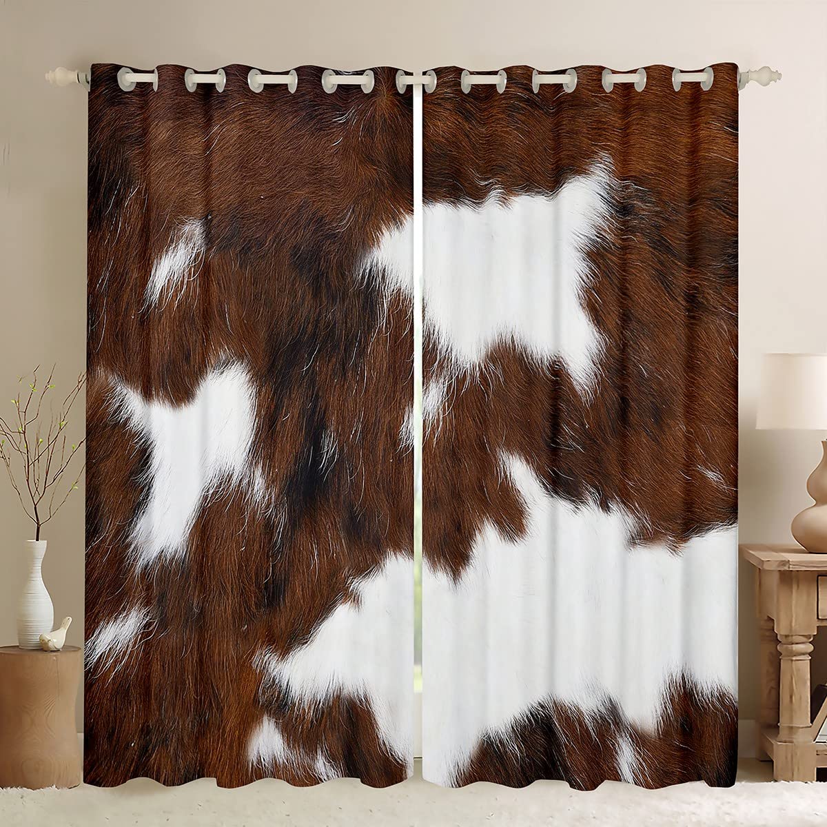 Brown Cowhide Print Window Curtains 42x84 Inches - Fashionable Abstract Animal Theme Drapes for Farmhouse & Bedroom Decor | Perfect for Living Room, Dining Area & Rustic Home Styling
