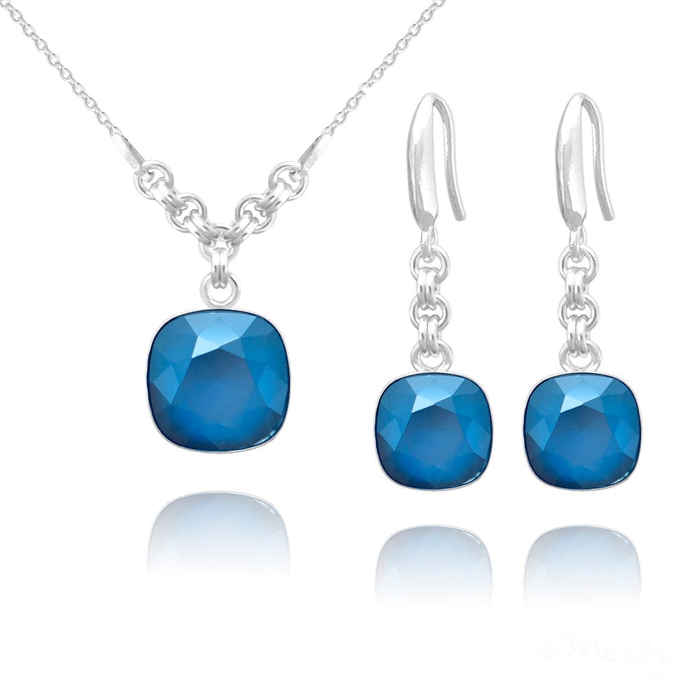 Exquisite Cushion Cut Blue Gemstone Sterling Silver Jewelry Set for Women | Elegant Necklace & Earrings Set | Perfect for Weddings, Parties & Special Occasions