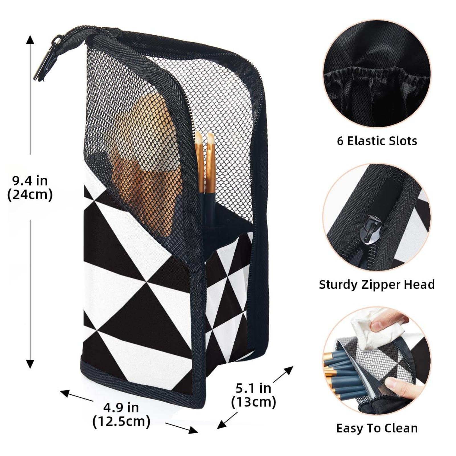 12-Piece Makeup Brush Organizer Bag with Portable Holder Case - Black & White Triangle Design for Travel & Home Storage