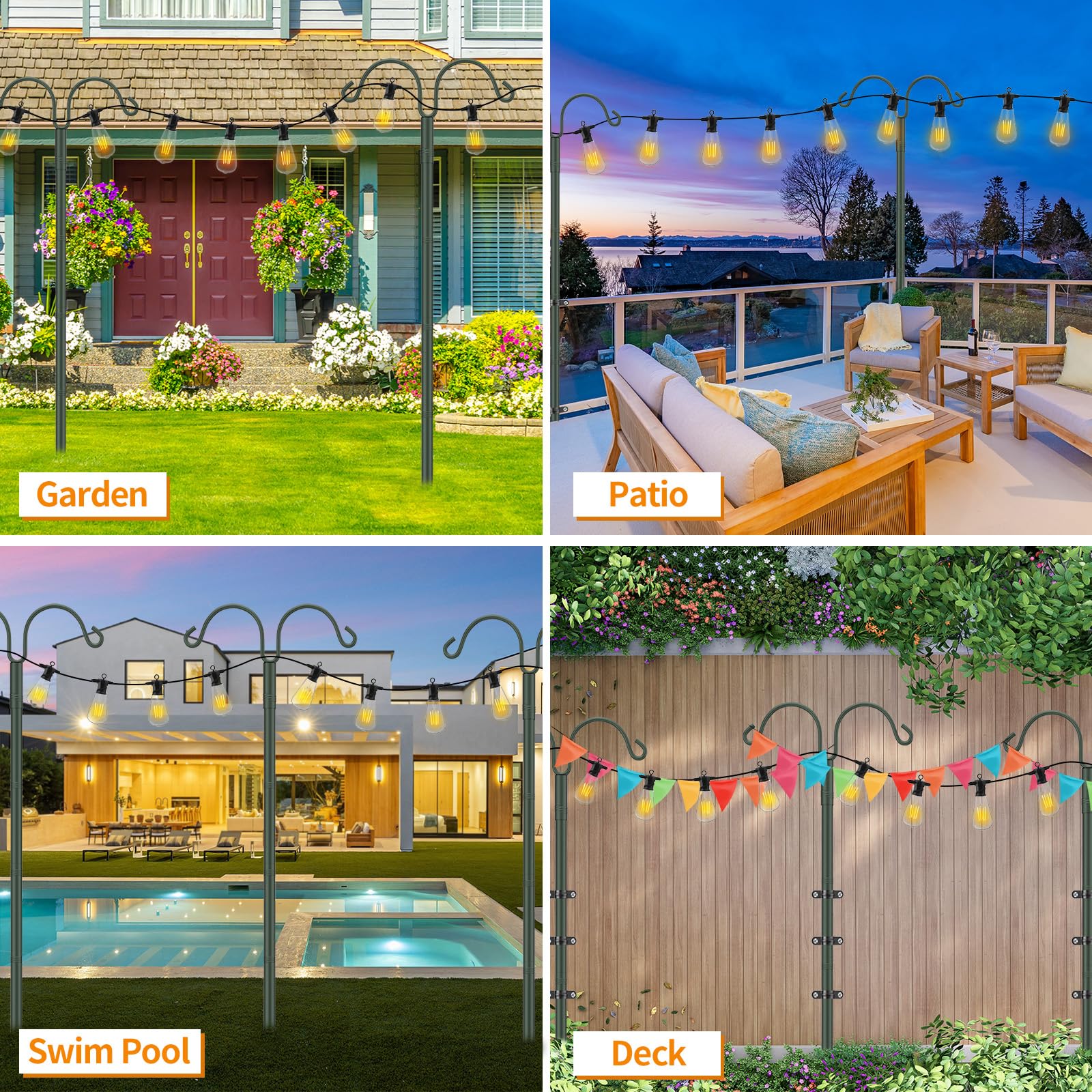 10ft Adjustable Metal String Light Poles 2 Pack - 5 Prongs & Fixing Clips for Outdoor Patio, Backyard, Garden, Deck Lighting | Perfect for Wedding, Party, Birthday Decor | Weather-Resistant & Easy to Install