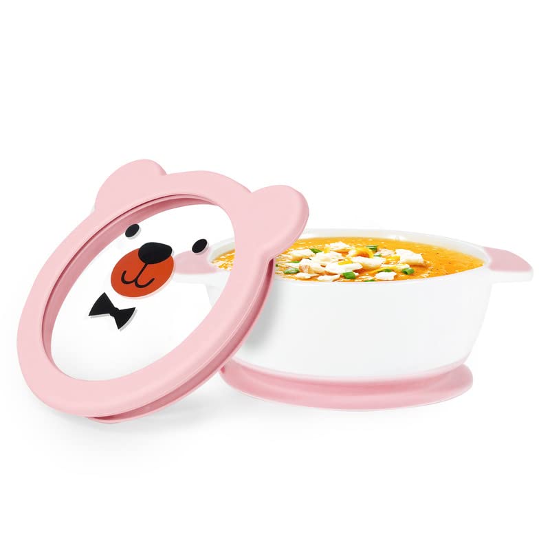 MR. CHOU Baby Bowls with Lids - Leakproof Tempered Glass & Ceramic Infant Feeding Supplies for Babies & Toddlers | 100% Food Grade Safe | Perfect for Snacks, Purees & First Foods | Easy-Grip Handles | Pink