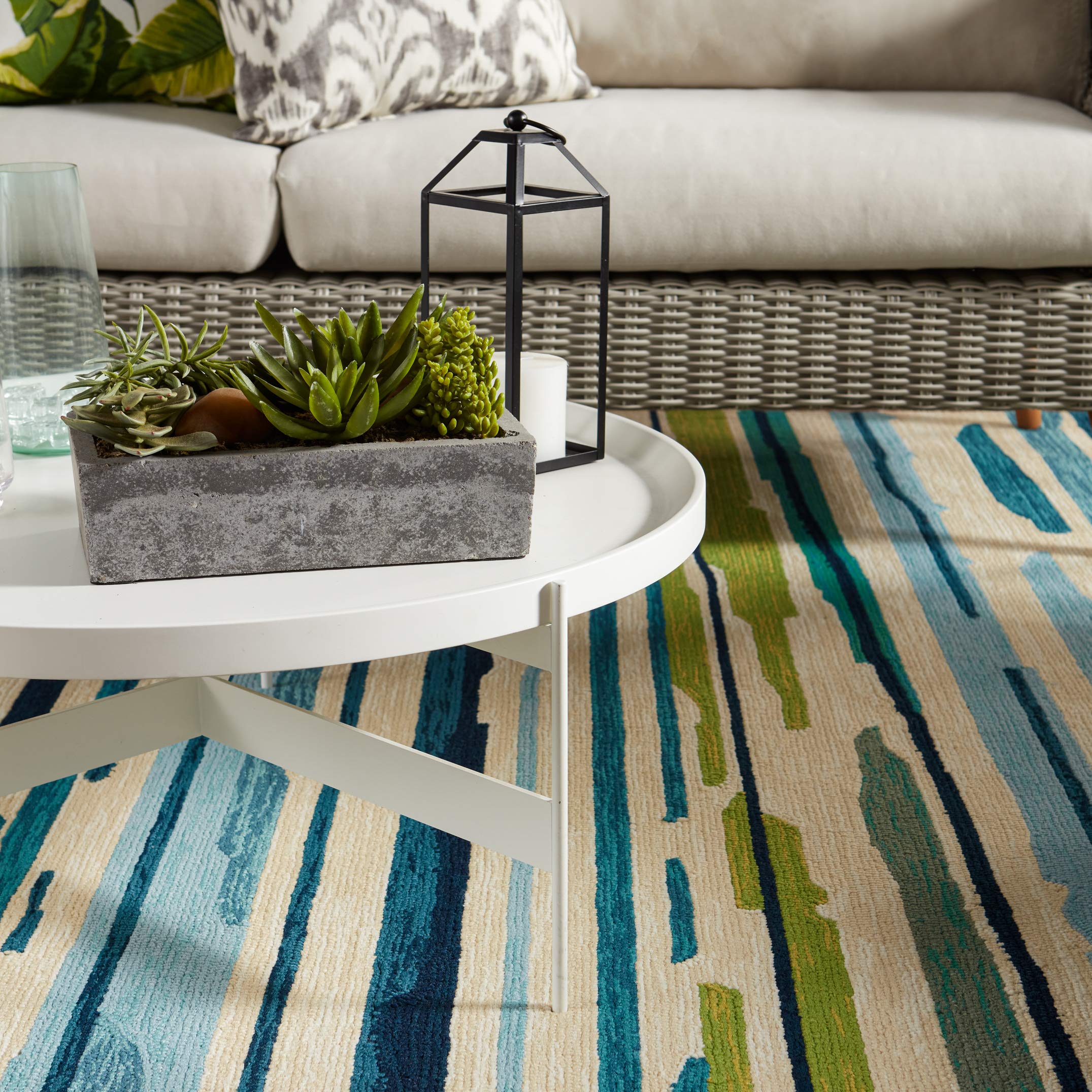 Jaipur Living 5x8 Outdoor Area Rug - Blue & Green Striped Patio Rug for Deck, Balcony, or Backyard Decor